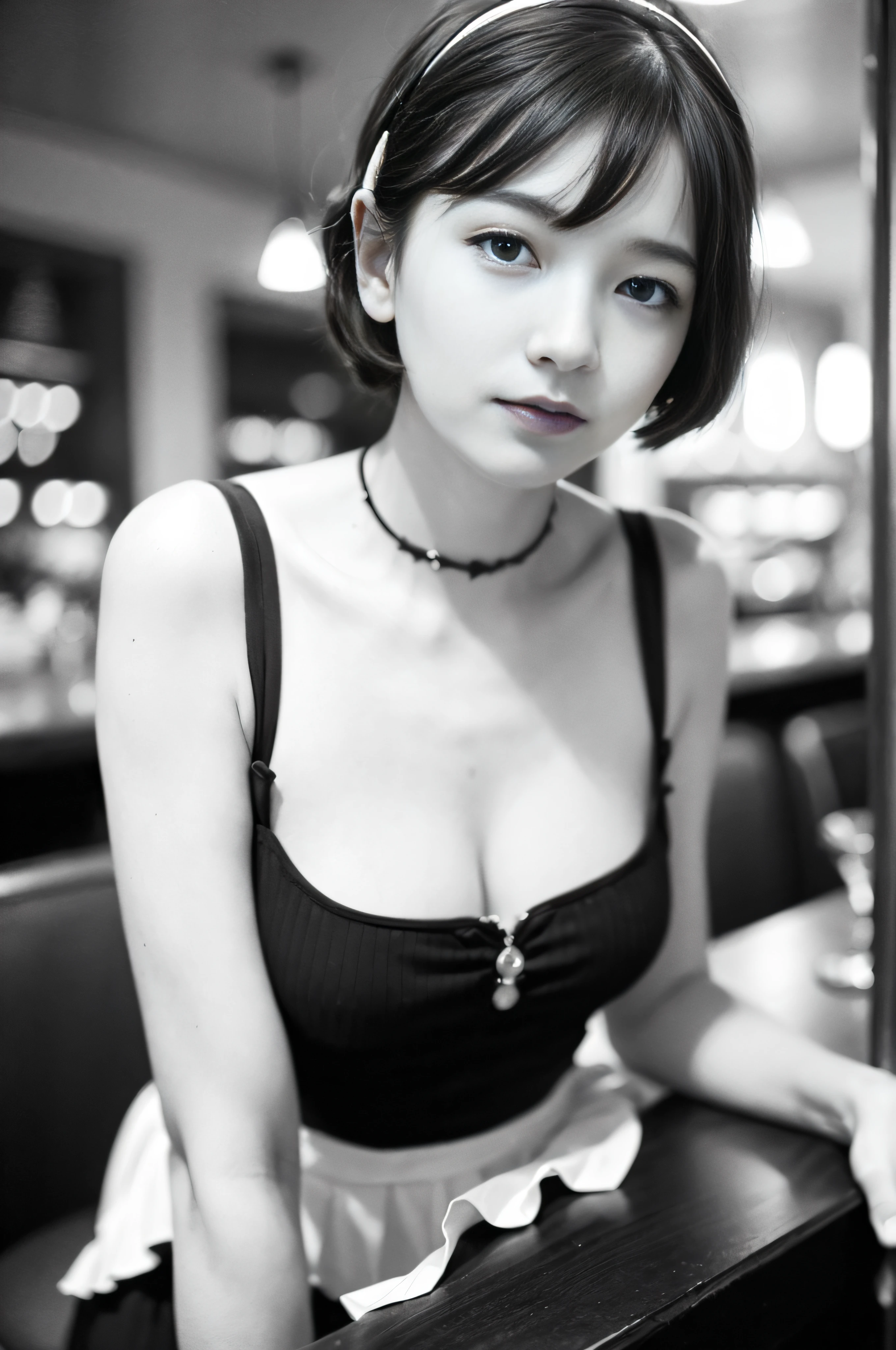 Woman posing for photo (wearing flapper_dress: 1.3), Good hands, 4K, high resolution, masterpiece, top quality, head: 1.3, (((Hasselblad photo)), fine detailed skin, sharp focus, (film lighting), collarbone, night, soft lighting, dynamic angle, [:( detail face: 1.2): 0.2], (((1920s bar, black and white photo))), outside