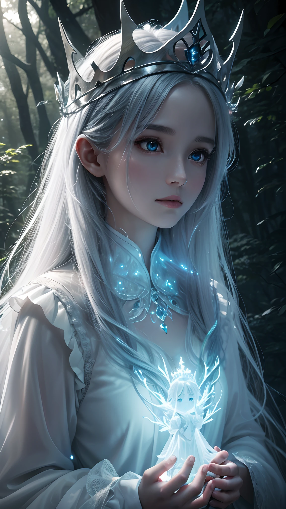 Close up photo of an a cute female transparent spirit, ghost, in the thicket of the forest, detailed face, detailed eyes, a dim light breaking through the crowns of trees, a magical aura, glowing particles, uhd, 16k, volumetric light