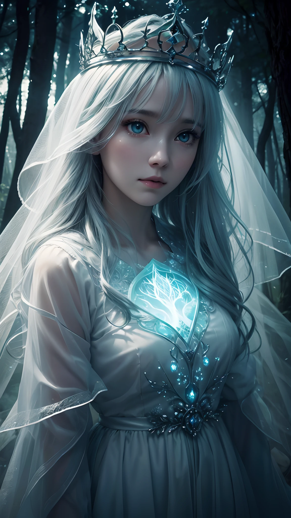 Close up photo of an a cute female transparent spirit, ghost, in the thicket of the forest, detailed face, detailed eyes, a dim light breaking through the crowns of trees, a magical aura, glowing particles, uhd, 16k, volumetric light