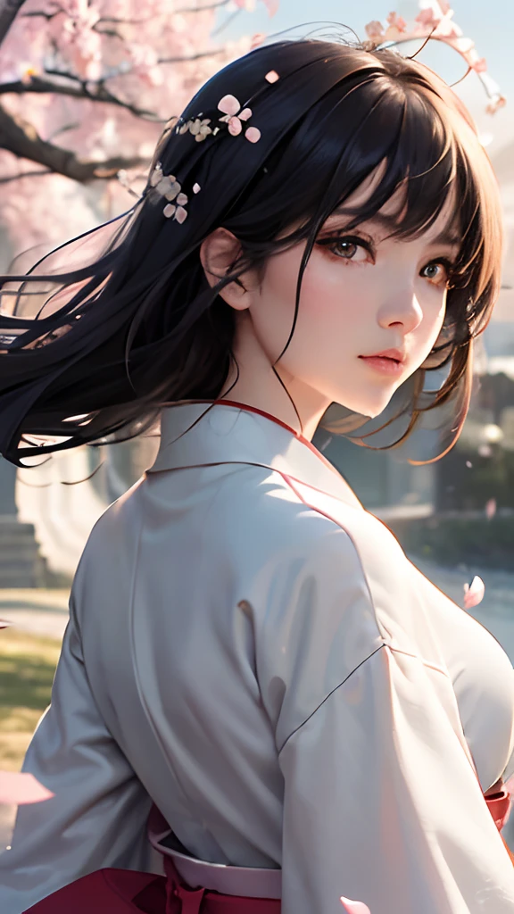 (A logo、masterpiece、8K、masutepiece、Raw photo、Fantastic、Best Quality、Photorealistic、extremely detailed CG unified 8k wallpaper、hightquality、ighly detailed、epic poem、Particle effect、Dynamic effects、depth of fields、Cinematic Light、Lens Flare、Ray tracing)、Fantasia、 (1 beautiful woman in a white coat、robe blanche、Japanese dress、A dark-haired、Beautiful face、Real Face、Beautiful detail eyes、Beautiful skin)、Hair flutters in the wind、Hair jumps、Pink cherry blossom tree、Petals flutter、Sakura blizzard、Superb view、morning glow、Sun in the background、the wind、Deities、tusk、myth、Vast Land、