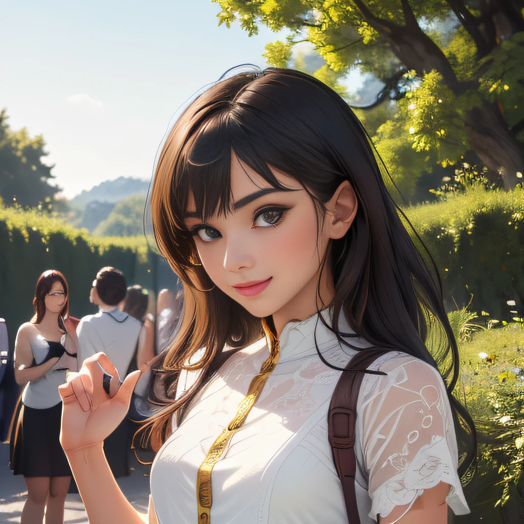 sfw, (Extremely detailed 8k wallpaper:2), (photo:2), (soigne Beautiful girl:2), (gives a lecture to friends:2), detailed (Face and eyes), (hyper realistic:1), (highly detailed:1), (epic realistic:1), rim light, (maximum details:1), cozy, (fullbody:1.3), (looking at viewer:2), (Woman's Attractive Qualities:2), (Attractive Woman:2), (Attractive:2), Smile, Intelligence, Empathy, Gracefulness, Sense of Style, Fitness, Grooming, Optimism, (Sensitivity:2), Sincerity, Romantic Gestures, Playfulness, Fashion Sense, (Sensuality:2), Charm, Modesty, Thoughtfulness, (Femininity:1), Flirtatiousness, Warmth, (Physical attractiveness:2), A beautiful smile, A love of life, strength and power, vulnerability, curiosity, wonder, love, (nature background:2), kawaii, waifu, Beautiful breasts, (attractive body:2), (Beautiful body:2), Beautiful pose, attractive pose, (Beautiful legs:1.0), (spread legs:1.0), (Beautiful clothes:1), (classic clothes:2), (elegant clothes:2), (European clothes:2), detailed clothes, (skirt:1), (blouse:1), (provocative pose)