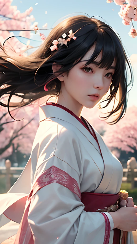 (A logo、​masterpiece、8K、masutepiece、Raw photo、Fantastic、Best Quality、Photorealistic、extremely detailed CG unified 8k wallpaper、hightquality、ighly detailed、epic poem、Particle effect、Dynamic effects、depth of fields、Cinematic Light、Lens Flare、Ray tracing)、Fantasia、 (1 beautiful woman in a white coat、robe blanche、Japanese dress、A dark-haired、Beautiful face、Real Face、Beautiful detail eyes、Beautiful skin)、Hair flutters in the wind、Hair jumps、Pink cherry blossom tree、Petals flutter、Sakura blizzard、Superb view、morning glow、Sun in the background、the wind、Deities、tusk、myth、Vast Land、