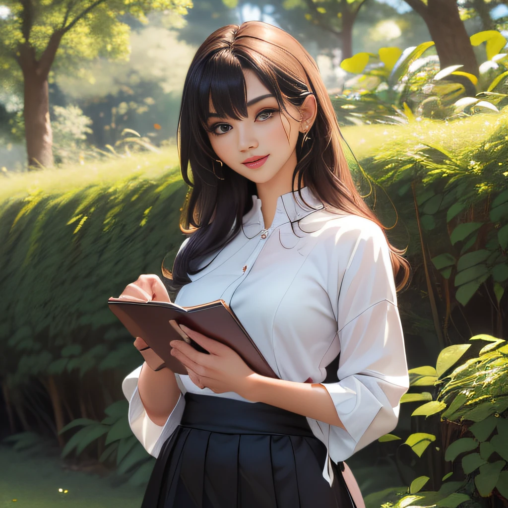 sfw, (Extremely detailed 8k wallpaper:2), (photo:2), (soigne Beautiful girl:2), (gives a lecture to friends:2), detailed (Face and eyes), (hyper realistic:1), (highly detailed:1), (epic realistic:1), rim light, (maximum details:1), cozy, (fullbody:1.3), (looking at viewer:2), (Woman's Attractive Qualities:2), (Attractive Woman:2), (Attractive:2), Smile, Intelligence, Empathy, Gracefulness, Sense of Style, Fitness, Grooming, Optimism, (Sensitivity:2), Sincerity, Romantic Gestures, Playfulness, Fashion Sense, (Sensuality:2), Charm, Modesty, Thoughtfulness, (Femininity:1), Flirtatiousness, Warmth, (Physical attractiveness:2), A beautiful smile, A love of life, strength and power, vulnerability, curiosity, wonder, love, (nature background:2), kawaii, waifu, Beautiful breasts, (attractive body:2), (Beautiful body:2), Beautiful pose, attractive pose, (Beautiful legs:1.0), (spread legs:1.0), (Beautiful clothes:1), (classic clothes:2), (elegant clothes:2), (European clothes:2), detailed clothes, (skirt:1), (blouse:1), (provocative pose)