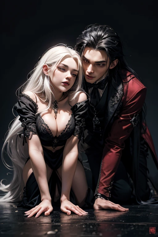 a handsome young vampire with long white hair kissing a oriental gothic woman with black hair big boobs and big hips on all fours