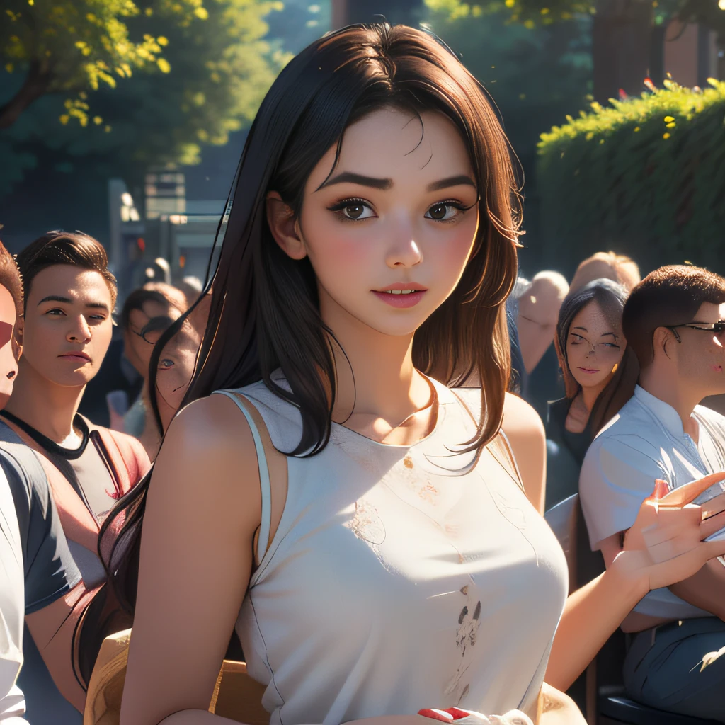 sfw, (Extremely detailed 8k wallpaper:2), (photo:2), (soigne Beautiful girl:2), (gives a lecture to friends:2), detailed (Face and eyes), (hyper realistic:1), (highly detailed:1), (epic realistic:1), rim light, (maximum details:1), cozy, (fullbody:1.3), (looking at viewer:2), (Woman's Attractive Qualities:2), (Attractive Woman:2), (Attractive:2), Smile, Intelligence, Empathy, Gracefulness, Sense of Style, Fitness, Grooming, Optimism, (Sensitivity:2), Sincerity, Romantic Gestures, Playfulness, Fashion Sense, (Sensuality:2), Charm, Modesty, Thoughtfulness, (Femininity:1), Flirtatiousness, Warmth, (Physical attractiveness:2), A beautiful smile, A love of life, strength and power, vulnerability, curiosity, wonder, love, (nature background:2), kawaii, waifu, Beautiful breasts, (attractive body:2), (Beautiful body:2), Beautiful pose, attractive pose, (Beautiful legs:1.0), (spread legs:1.0), (Beautiful clothes:1), (classic clothes:2), (elegant clothes:2), (European clothes:2), detailed clothes, (skirt:1), (blouse:1), (provocative pose)