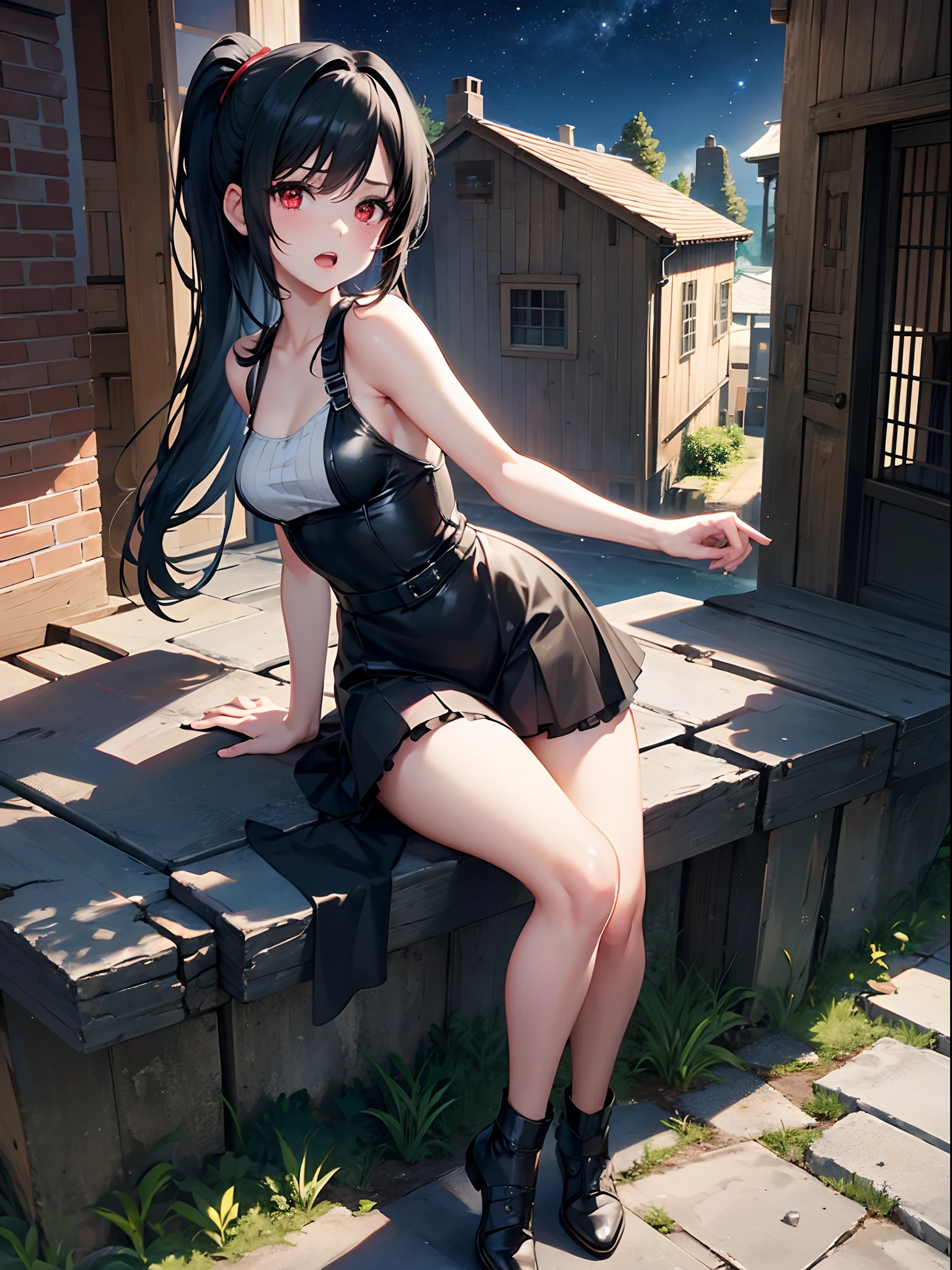 Akeno himejima was brainwashed, score_9, score_8_up, score_7_up, BREAK, (outdoor, summer day:1.2), head tilt back, leaning against wall, leg bend, cute, round face, long black twintail hair, alternative vibe, 25 year old, (Italian female:1.3), medium olive skin, high cheekbones, stunning brown eyes, extra large breasts, subtle cleavage, (cozy lounge), oversized white crop top, mini skirt, dynamic angle, vibrant lighting, high contrast, dramatic shadows, highly detailed, detailed skin, depth of field, film grain,