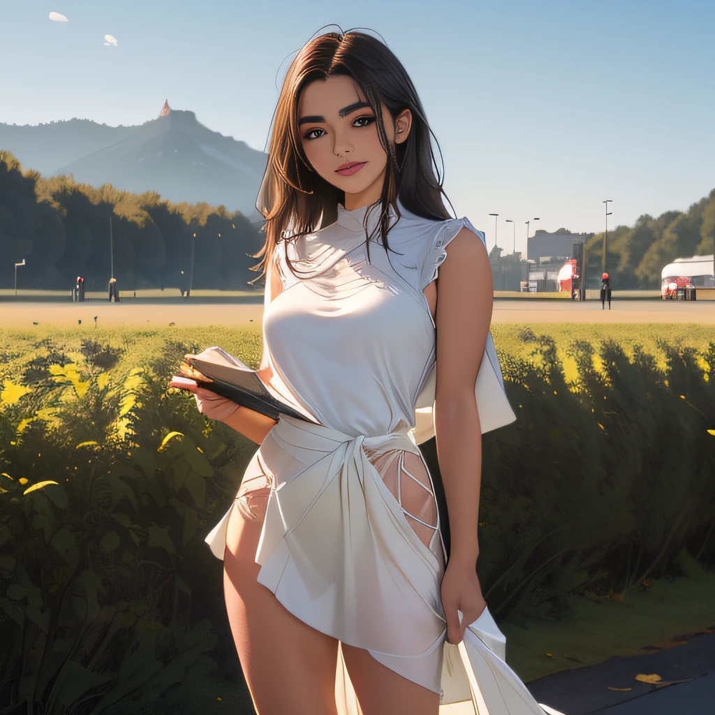 sfw, (Extremely detailed 8k wallpaper:2), (photo:2), (soigne Beautiful girl:2), (gives a lecture to friends:2), detailed (Face and eyes), (hyper realistic:1), (highly detailed:1), (epic realistic:1), rim light, (maximum details:1), cozy, (fullbody:1.3), (looking at viewer:2), (Woman's Attractive Qualities:2), (Attractive Woman:2), (Attractive:2), Smile, Intelligence, Empathy, Gracefulness, Sense of Style, Fitness, Grooming, Optimism, (Sensitivity:2), Sincerity, Romantic Gestures, Playfulness, Fashion Sense, (Sensuality:2), Charm, Modesty, Thoughtfulness, (Femininity:1), Flirtatiousness, Warmth, (Physical attractiveness:2), A beautiful smile, A love of life, strength and power, vulnerability, curiosity, wonder, love, (nature background:2), kawaii, waifu, Beautiful breasts, (attractive body:2), (Beautiful body:2), Beautiful pose, attractive pose, (Beautiful legs:1.0), (spread legs:1.0), (Beautiful clothes:1), (classic clothes:2), (elegant clothes:2), (European clothes:2), detailed clothes, (skirt:1), (blouse:1), (provocative pose)