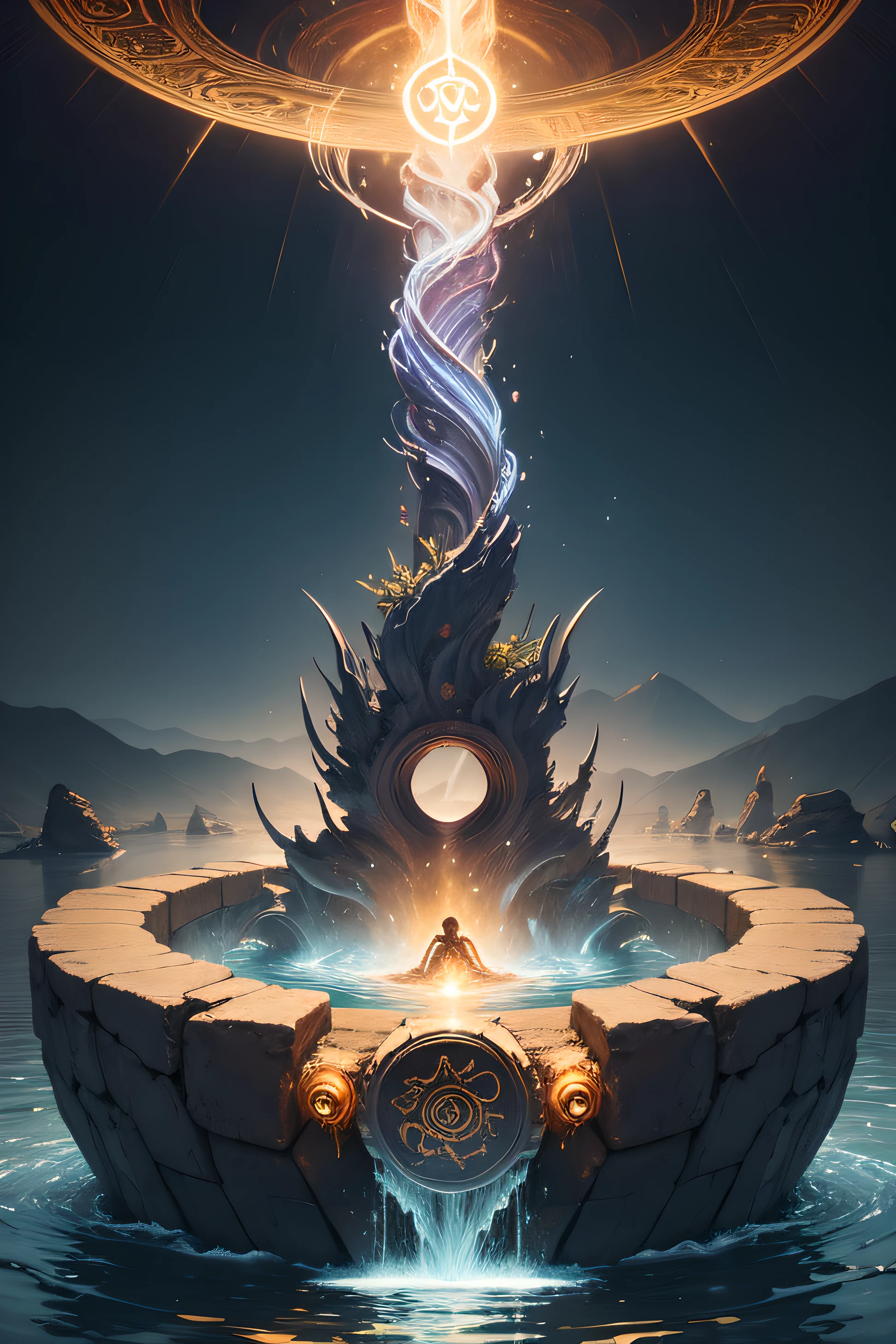 Imagine a work of art that depicts a legendary creature emerging from a magical golden whirlpool. uma criatura, agora reavivada, is the focal point of the image, emanando uma aura de poder.
The setting is a magical place surrounded by ancient runes and mystical symbols. The environment is filled with a resplendent energy that marks the rebirth of the creature.
Renascimento, Legendary creature, Magic Whirlpool, Mystical symbols, energia resplandecente.