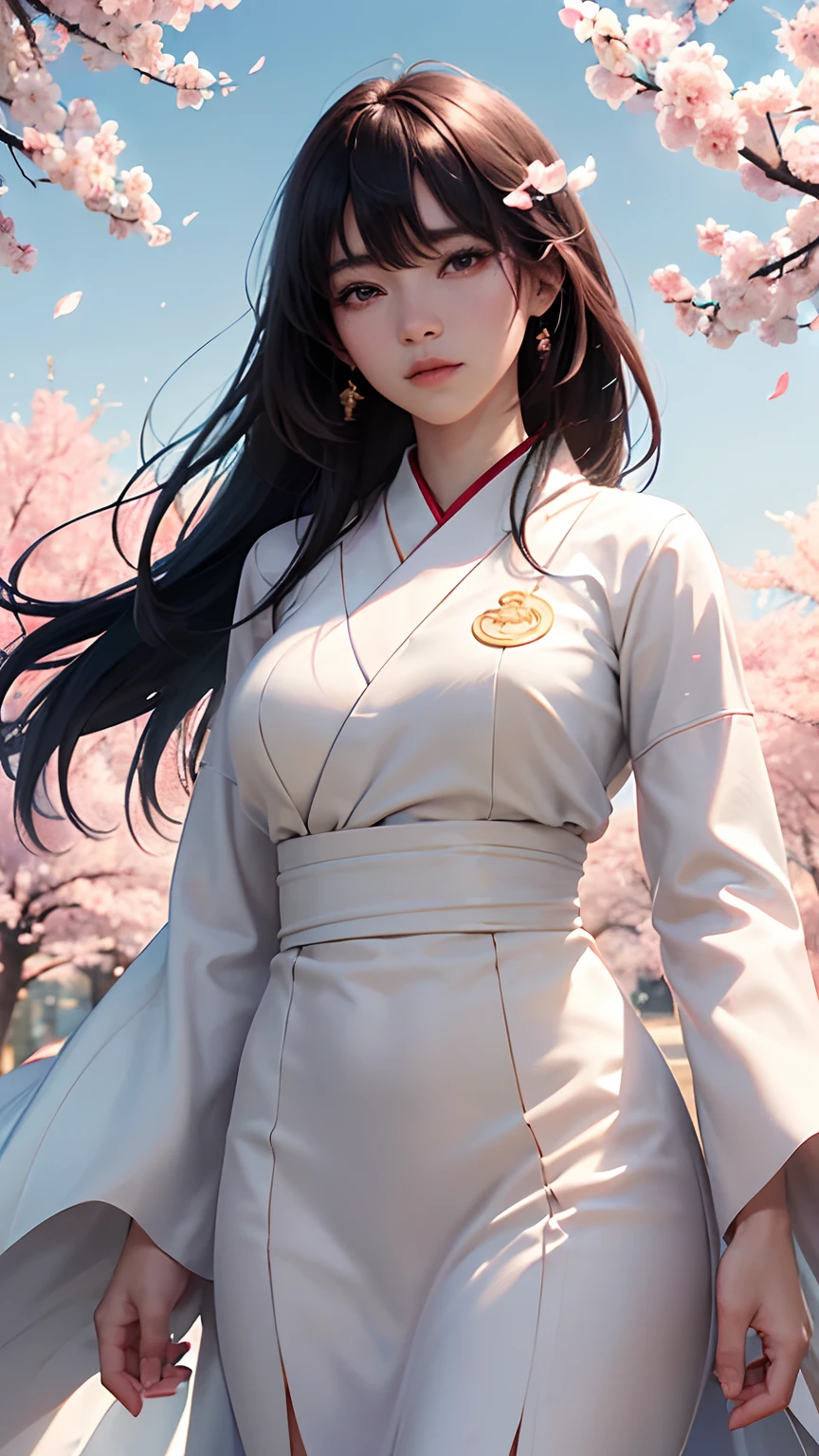 (A logo、masterpiece、8K、masutepiece、Raw photo、Fantastic、Best Quality、Photorealistic、extremely detailed CG unified 8k wallpaper、hightquality、ighly detailed、epic poem、Particle effect、Dynamic effects、depth of fields、Cinematic Light、Lens Flare、Ray tracing)、Fantasia、 (1 beautiful woman in a white coat、robe blanche、Japanese dress、A dark-haired、Beautiful face、Real Face、Beautiful detail eyes、Beautiful skin)、Hair flutters in the wind、Hair jumps、Pink cherry blossom tree、Petals flutter、Sakura blizzard、Superb view、morning glow、Sun in the background、the wind、Deities、tusk、myth、Vast Land、