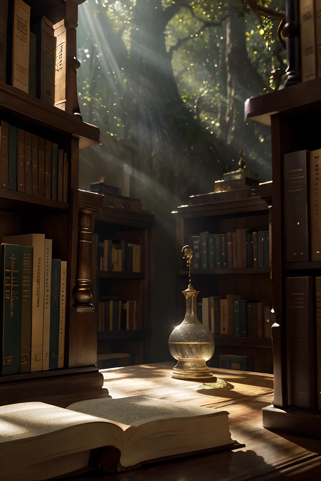 Inside Enchanted Magical Library, Its shelves are adorned with books shimmering with untold secrets and the silent murmurs of hidden yearnings, Large beautiful Librarywith shimmering, glowing books, Magical, sparkling walls，fantasy，Leonora Carrington，a fantasy forest，Hazy perspective，sunlight filtering through the trees，Rich in color，assignment，light and shadow effect，k hd，tmasterpiece，Detailed details，depth of fields, fantasy, whimsical