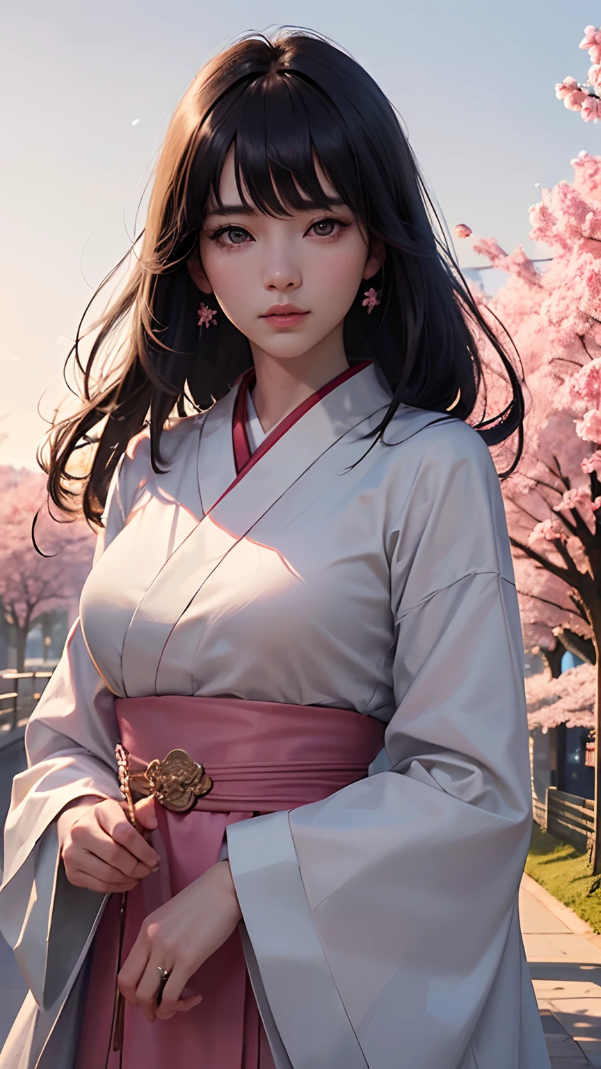 (A logo、​masterpiece、8K、masutepiece、Raw photo、Fantastic、Best Quality、Photorealistic、extremely detailed CG unified 8k wallpaper、hightquality、ighly detailed、epic poem、Particle effect、Dynamic effects、depth of fields、Cinematic Light、Lens Flare、Ray tracing)、Fantasia、 (1 beautiful woman in a white coat、robe blanche、Japanese dress、A dark-haired、Beautiful face、Real Face、Beautiful detail eyes、Beautiful skin)、Hair flutters in the wind、Hair jumps、Pink cherry blossom tree、Petals flutter、Sakura blizzard、Superb view、morning glow、Sun in the background、the wind、Deities、tusk、myth、Vast Land、