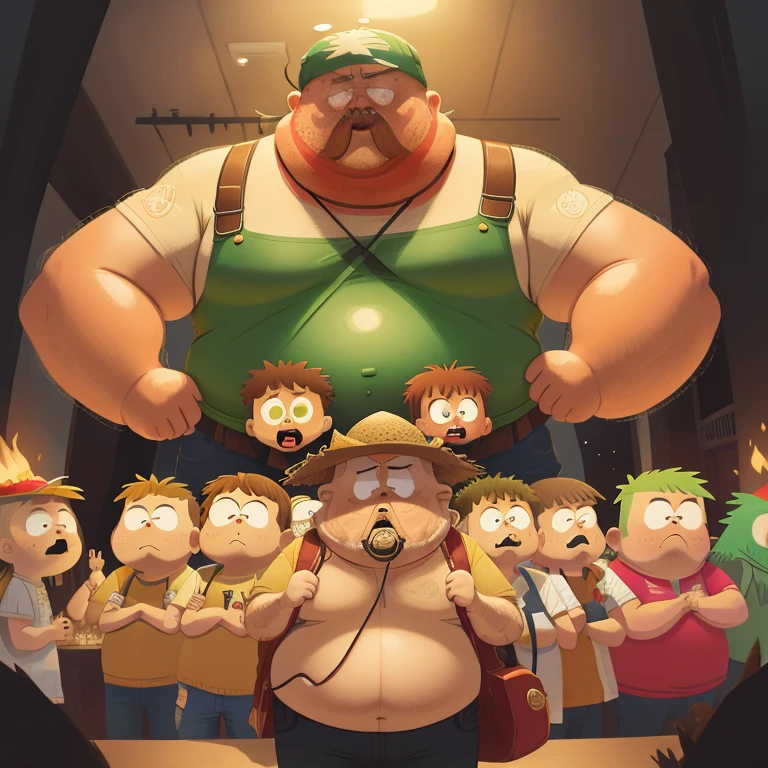 A Dr Alphonse Mephesto from South Park with fat man and Bandana cap on straw hat playing Arcade for Nightmare Danger Hell, South Park Style, by Jean-Guillaume Thory