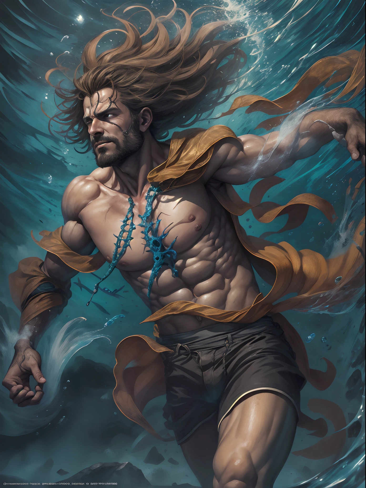 Realismo,(Obra maestra),mejor calidad,super definicion,8k,detalles intrincados,1 hombre encadenado en la profundidaes del oceano,intentando escapar,ahogandose,luchando con todas sus fuerzas,fondo azul oscuro,rodeado de peses y vida marina,hombre rudo con cicatrises por todo el cuerpo.
