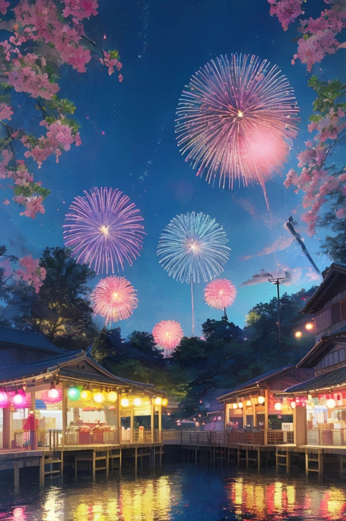 Yukata, Summer festival, Childhood friends, Food stalls, Lanterns, Fireworks, Smiles, Festive, Lights, Bright colors, Props, Fluorescent bandanas, Shrine grounds, Night sky, Summer fireworks, Bustling, Toys, Yukata patterns, Setting, Vivid, Beautiful, Enjoying, Friendship, Joy, Festival ambiance, Moment, Childhood friends in yukata, Summer night, Colorful, Fun moment, Smiles shining