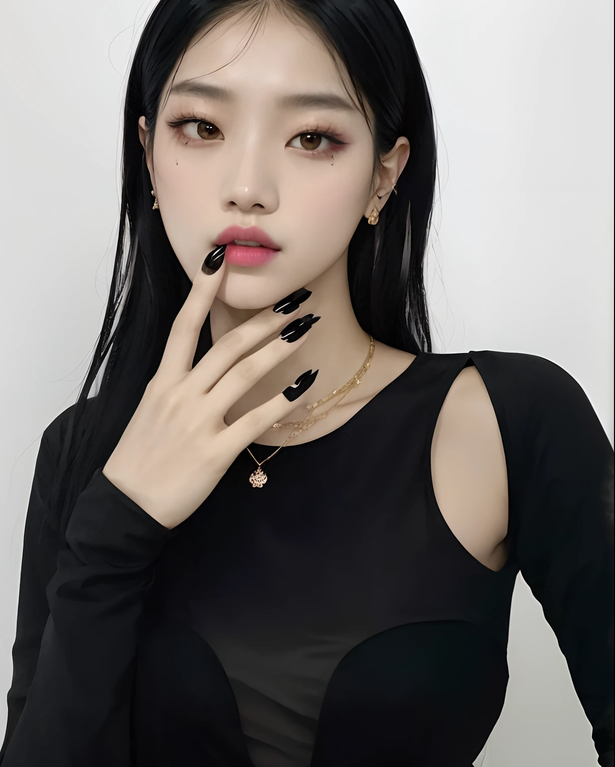 A close-up of a woman with long black nails and a black blouse, con apariencia de Choi Miyeon integrante de GIDLE, cruel korean goth girl, con negro, Jinyoung Shin, ulzzang, Heonhwa Choe, Jisoo de Blackpink, Ropa negra, Jossi de Blackpink, Jaeyeon Nam, Ropa vestida de negro, Retrato de Jossi de Blackpink, Chica coreana, Jisoo de Blackpink, Bae Suzy