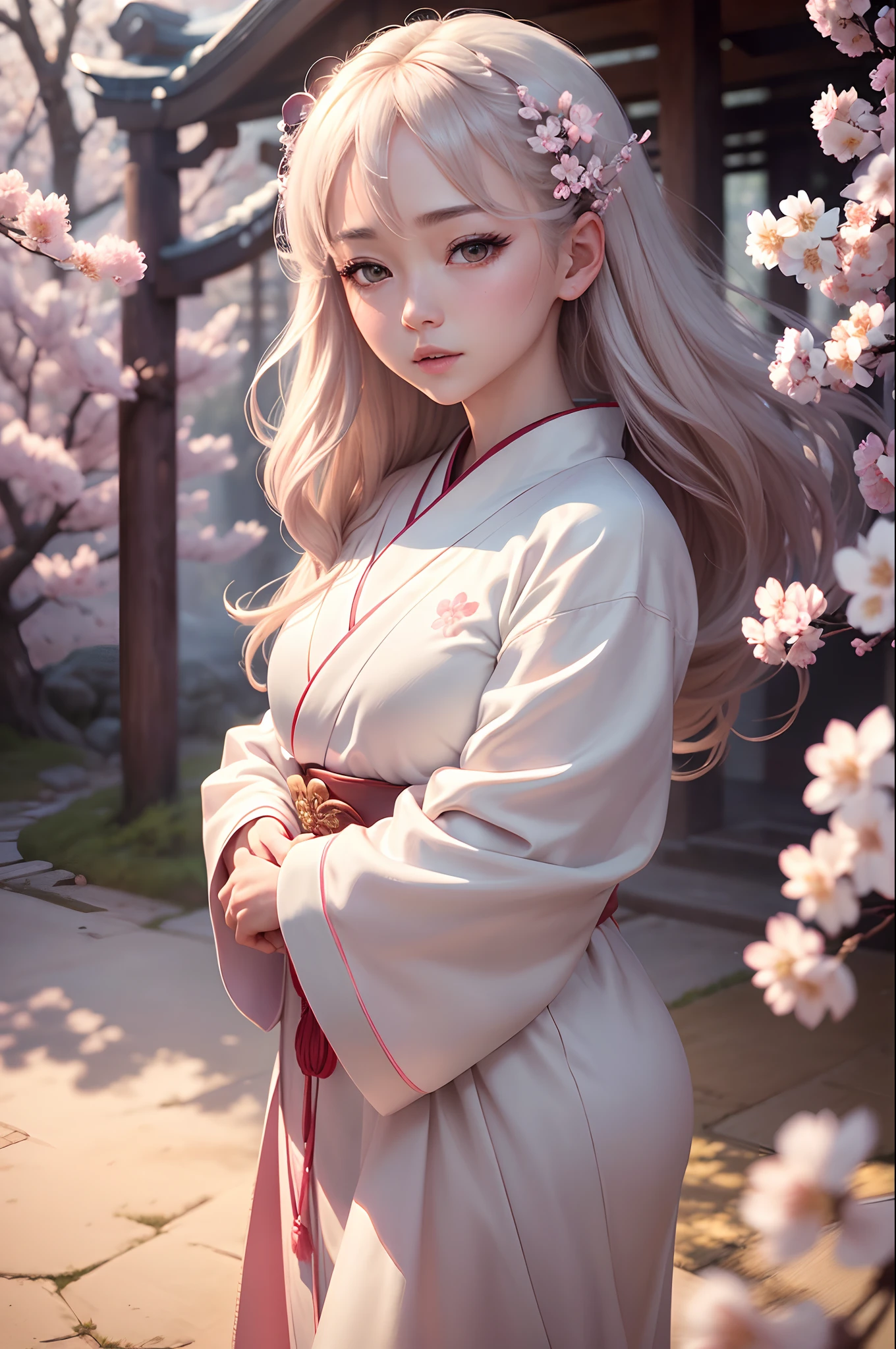(A logo、masterpiece、8K、masutepiece、Raw photo、Fantastic、Best Quality、Photorealistic、extremely detailed CG unified 8k wallpaper、hightquality、ighly detailed、epic poem、Particle effect、Dynamic effects、depth of fields、Cinematic Light、Lens Flare、Ray tracing)、Fantasia、(1 beautiful woman in a white coat、robe blanche、Japanese dress、Beautiful face、Real Face、Beautiful detail eyes、Beautiful skin)、Hair flutters in the wind、Hair jumps、Pink cherry blossom tree、Petals flutter、Sakura blizzard、Superb view、morning glow、Sun in the background、the wind、Deities、tusk、myth、Vast Land、