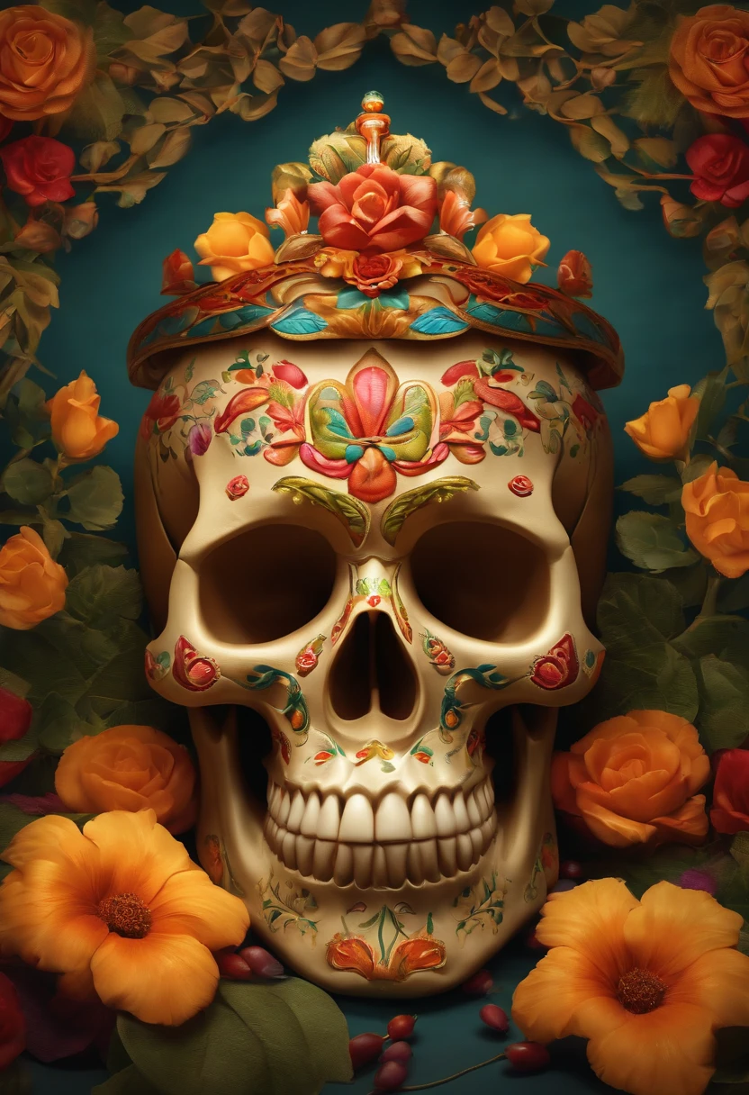 (La mejor calidad,4k,8k,Altas Resoluciones,Obra maestra:1.2),Ultra detallado,(realista,fotorrealista,fotorrealista:1.37),skull face,Pintura facial decorativa,colores brillantes,Sugar skulls,Traditional Mexican Celebration,Detailed Sugar Skull,Elaborada corona de flores,esqueletos danzantes,Ornamentado atuendo tradicional,Colorful marigold flowers,altar a la luz de las velas,Humo e incienso,Fondo vibrante,traditional papel picado,Celebration of Life,Ambiente alegre y festivo,Entorno nocturno al aire libre,vividly painted skulls,Floral prints and designs,Vivacious and energetic poses,Movimiento y dinamismo,Luz de velas brillantes,linternas de papel festivas,Warm and welcoming lighting,Mystical and spiritual atmosphere,Tonos ricos y vibrantes,Playful and creative composition,Unique and eye-catching images,Meticulous Attention to Detail,A harmonious blend of tradition and modernity,3D Rendering Technology,Mapeo de texturas de alta calidad,Realistic lighting effects