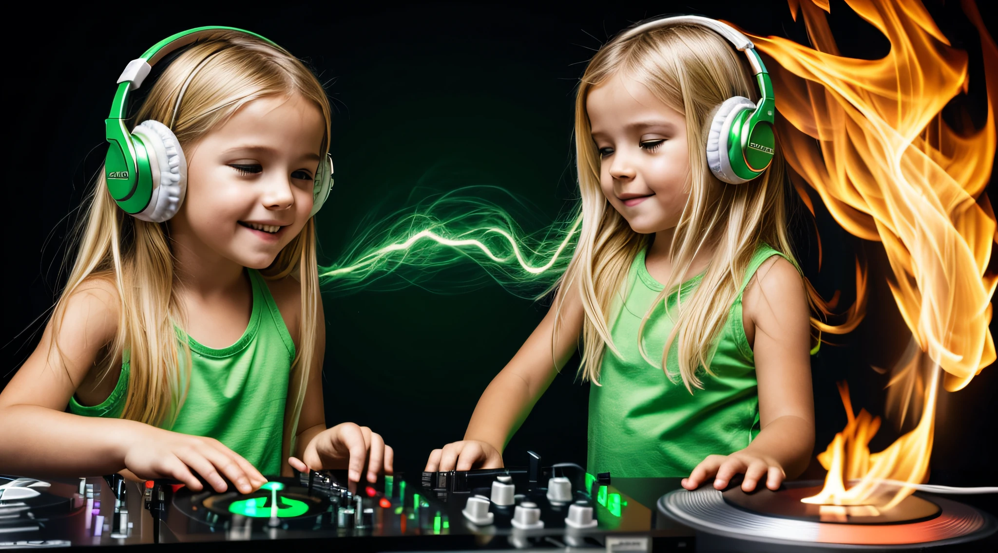 Image of a CHILD BLONDE girl with headphones playing music, Atom and Evil, DJ, fire and GREEN FIRE , FLAMME, BURN , FOGO, GREEN, VERDE.