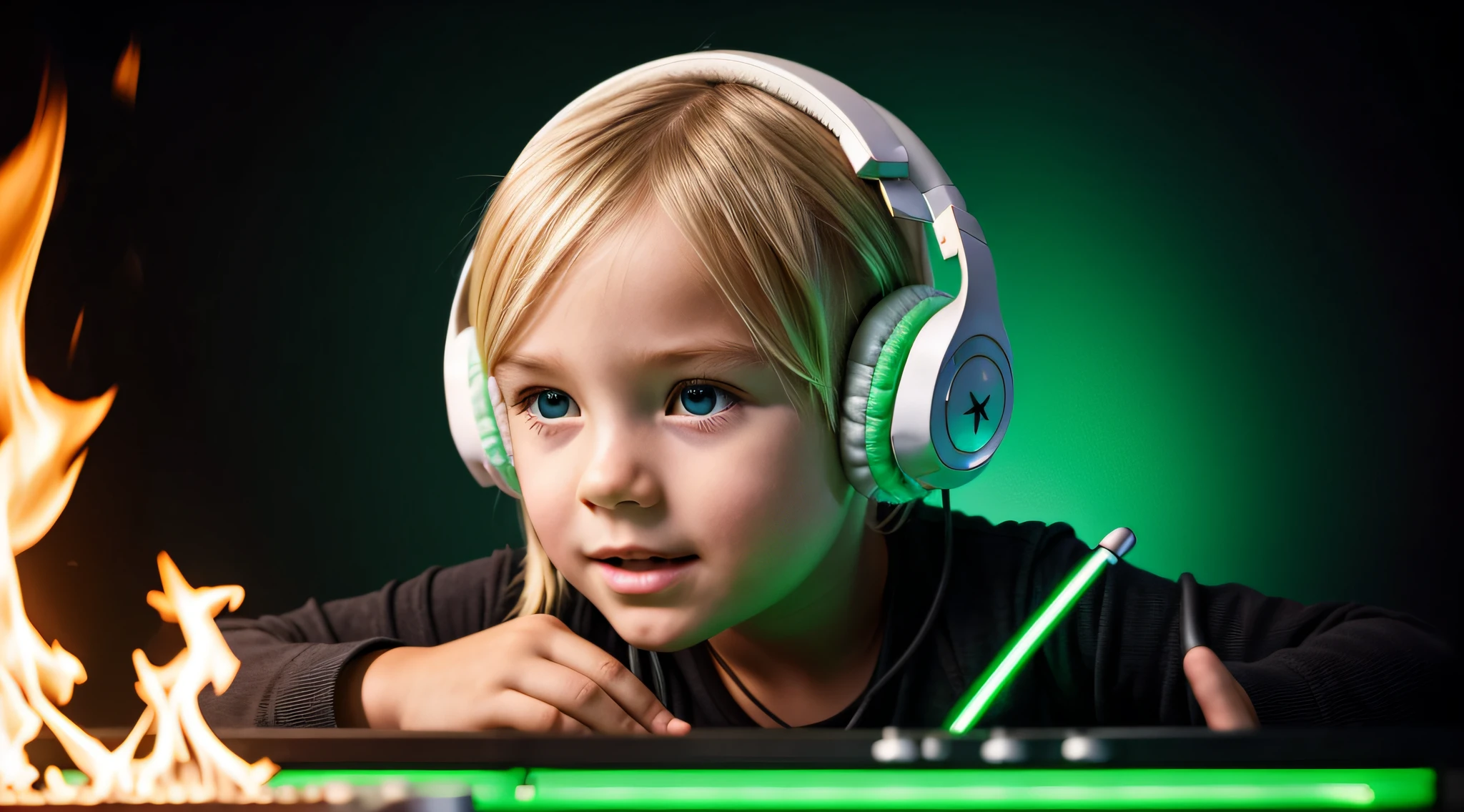 Image of a CHILD BLONDE girl with headphones playing music, Atom and Evil, DJ, fire and GREEN FIRE , FLAMME, BURN , FOGO, GREEN, VERDE.