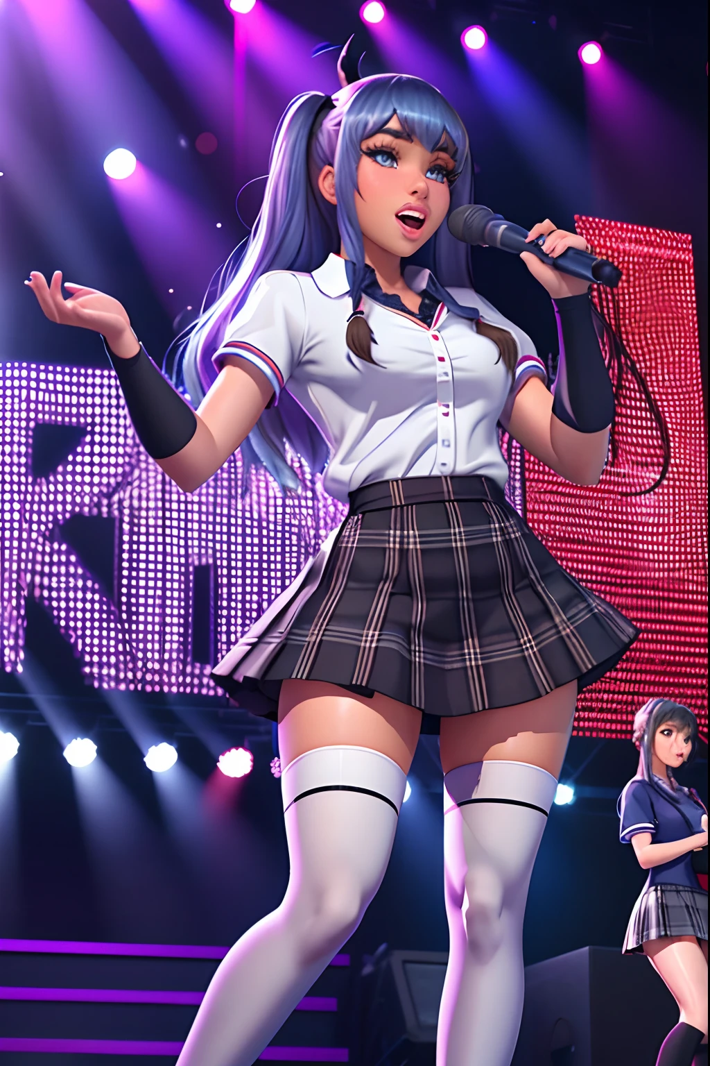 A young girl in a super mini skirt at a live concert,Amazing muscular thighs,Seat height 100cm,65cm below the thigh,Sit on a chair and sing with your legs wide apart,Pants are visible,3D anime style,Singing while having sex,Crotch exposed,Panties and pussy,