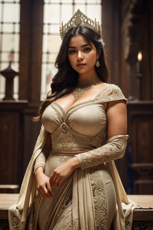 Cinematic portrait, ((upper body)), facing the audience, (Reality :1.3), the world's most beautiful artwork photo, a woman looking into the camera, nepalese white woman, sexy curvy body, mid aged, medieval court dress, gorgeous, soft gauze, detailed beautiful face, action shooting, (intricate :1.4), medieval background, Photo realistic, CG, art station