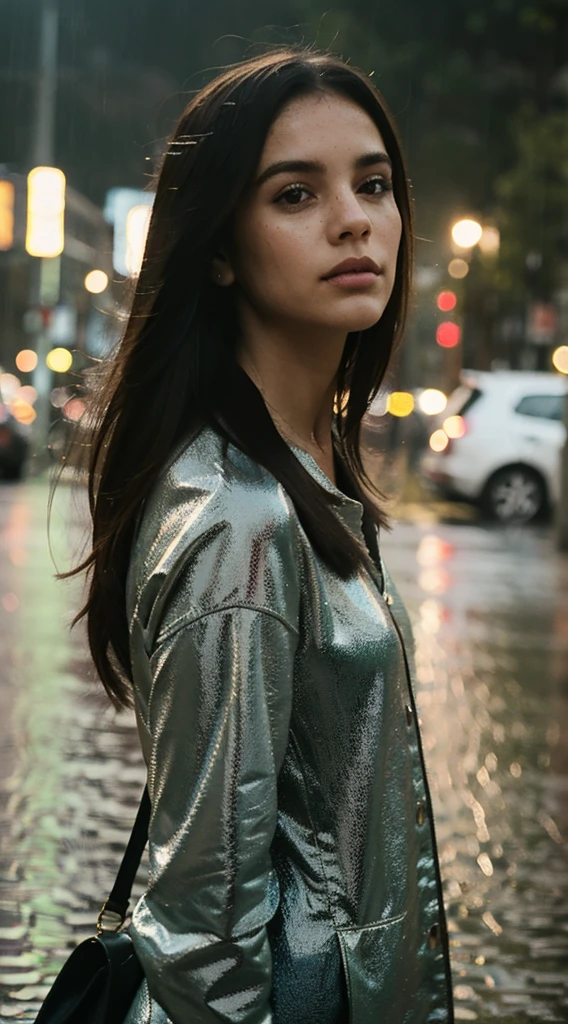 uma menina jovem, encharcado pela chuva, caminha sozinho em uma rua mal iluminada. Nesta fotografia hipnotizante, Her figure is captured in a moment of loneliness and vulnerability. The cloudiness of the rain creates a dreamlike atmosphere, enquanto o brilho suave dos postes destaca a silhueta da menina. O cabelo dela, encharcada e agarrada ao rosto, Increases the feeling of melancholy. A imagem, with its impeccable composition and excellent use of lighting, evokes a deep sense of emotional depth and mystery.