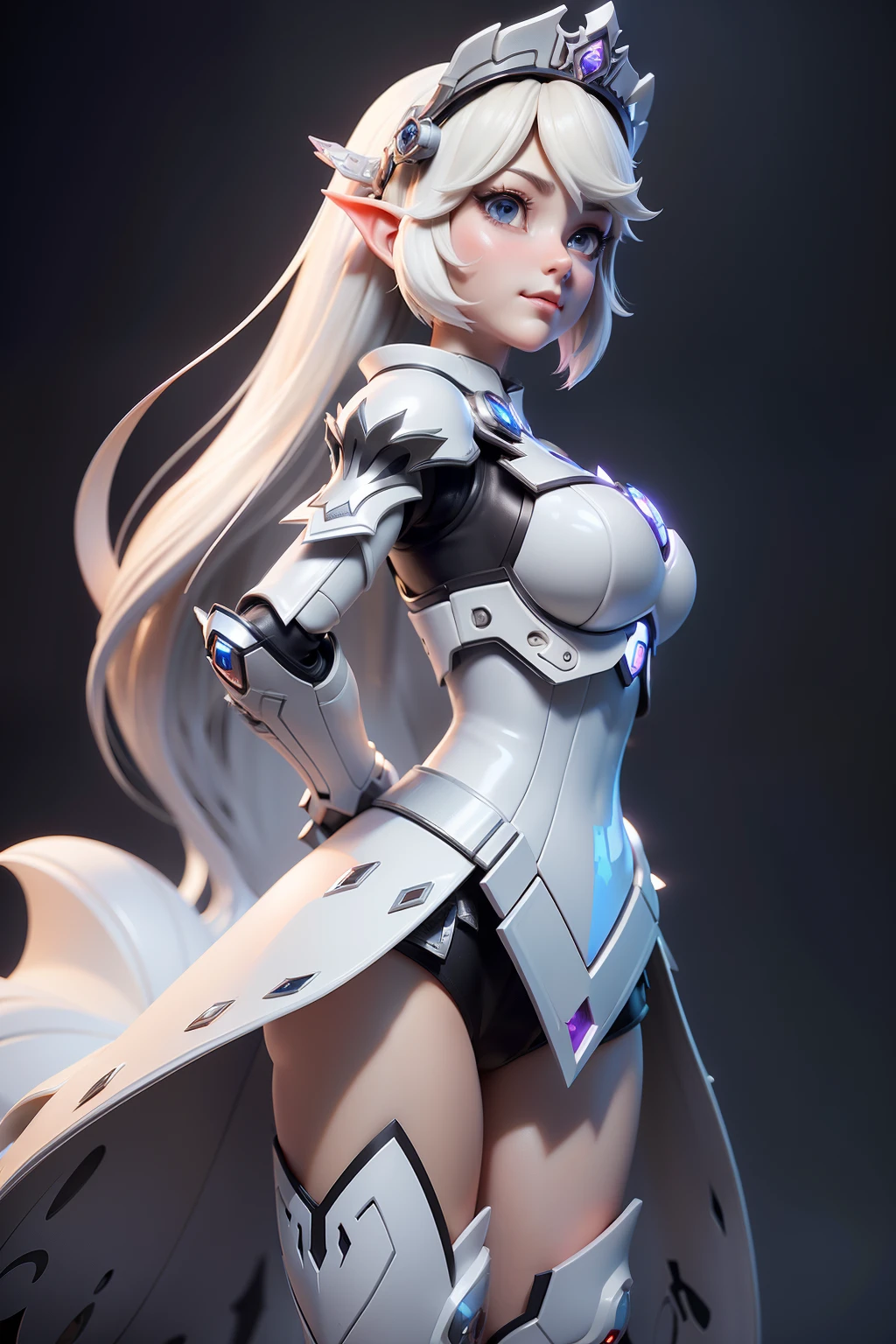 3dmm style,(masterpiece, top quality, best quality, official art, beautiful and aesthetic:1.2), (fractal art:1.3), 1girl, beautiful, high detailed, boosette, female boo, platinum blonde, grey eyes, dark lighting, shy face, looking the sky, sky, medium shot, white with silverhighlights ironman armor, mushroom Kingdom background, jewelry