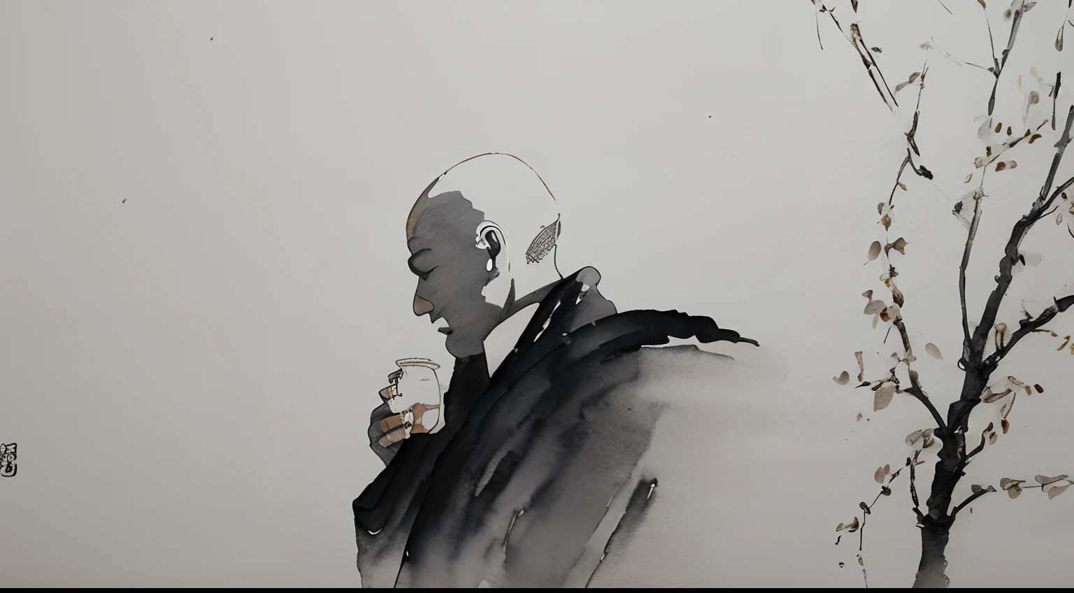 ink and watercolor painting,Draw on rice paper,Use thick and light ink to create light and dark variations and layers,Pick the right ink color,Such as deep black、Thick gray、Light coffee, etc,to express different situations and atmospheres,Control the gradient and transition of ink color by the humidity and consistency of the ink, Avatar, ((figure: 1人, White Sleeve, bald-headed, Robe)),Cool sensation,Natural,peacful,naive,Black and white tones,The background is a snowy scene,There are dead trees on both sides of the picture, Traditional Chinese Ink Painting, Traditional Chinese art, author:Guo Xi, author:Ma Yuanyu, Traditional Chinese painting, author:Xu Xi, author:Luo Mu, author:Yang Buzhi, author:Li Kelan, author:Gu An, Ink painting ) ) ) ), Chinese ink painting, Chinese painting style