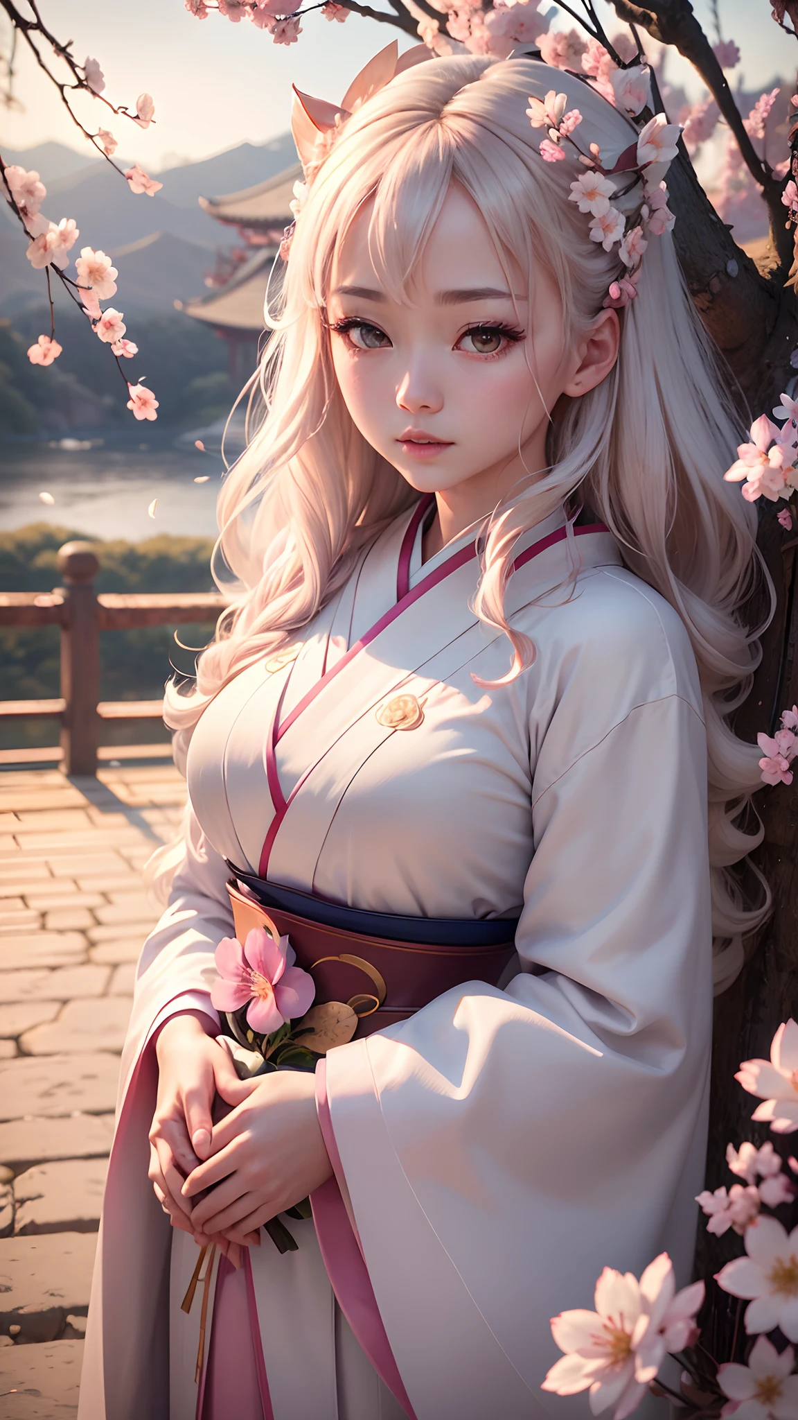 (A logo、masterpiece、8K、masutepiece、Raw photo、Fantastic、Best Quality、Photorealistic、extremely detailed CG unified 8k wallpaper、hightquality、ighly detailed、epic poem、Particle effect、Dynamic effects、depth of fields、Cinematic Light、Lens Flare、Ray tracing)、Fantasia、(1 beautiful woman in a white coat、robe blanche、Japanese dress、Beautiful face、Real Face、Beautiful detail eyes、Beautiful skin)、Hair flutters in the wind、Hair jumps、Pink cherry blossom tree、Petals flutter、Sakura blizzard、Superb view、morning glow、Sun in the background、the wind、Deities、tusk、myth、Vast Land、