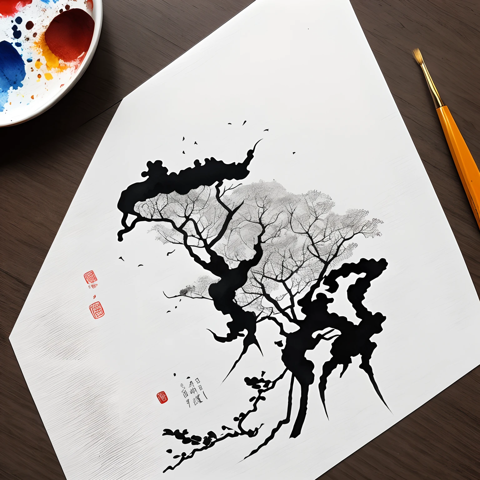 ink and watercolor painting，Draw on rice paper，Use thick and light ink to create shading variations and layers，Choose the right ink color，Such as deep black、Thick gray、Light coffee, etc，Express different situations and atmospheres，Control the gradient and transition of ink color by the humidity and consistency of the ink， Avatar, ((figure: 1人, White Sleeve, bald-headed, Robe))，Cool sensation，Natural，peacful，naive，Black and white tones，The background is a snowy scene,There are dead trees on both sides of the picture， Traditional Chinese Ink Painting, Traditional Chinese art, author：Guo Xi, author：Ma Yuanyu, Traditional Chinese painting, author：Xu Xi, author：Luo Mu, author：Yang Buzhi, author：Li Kelan, author：Gu An, Ink painting ) ) ) ), Chinese ink painting, Chinese painting style