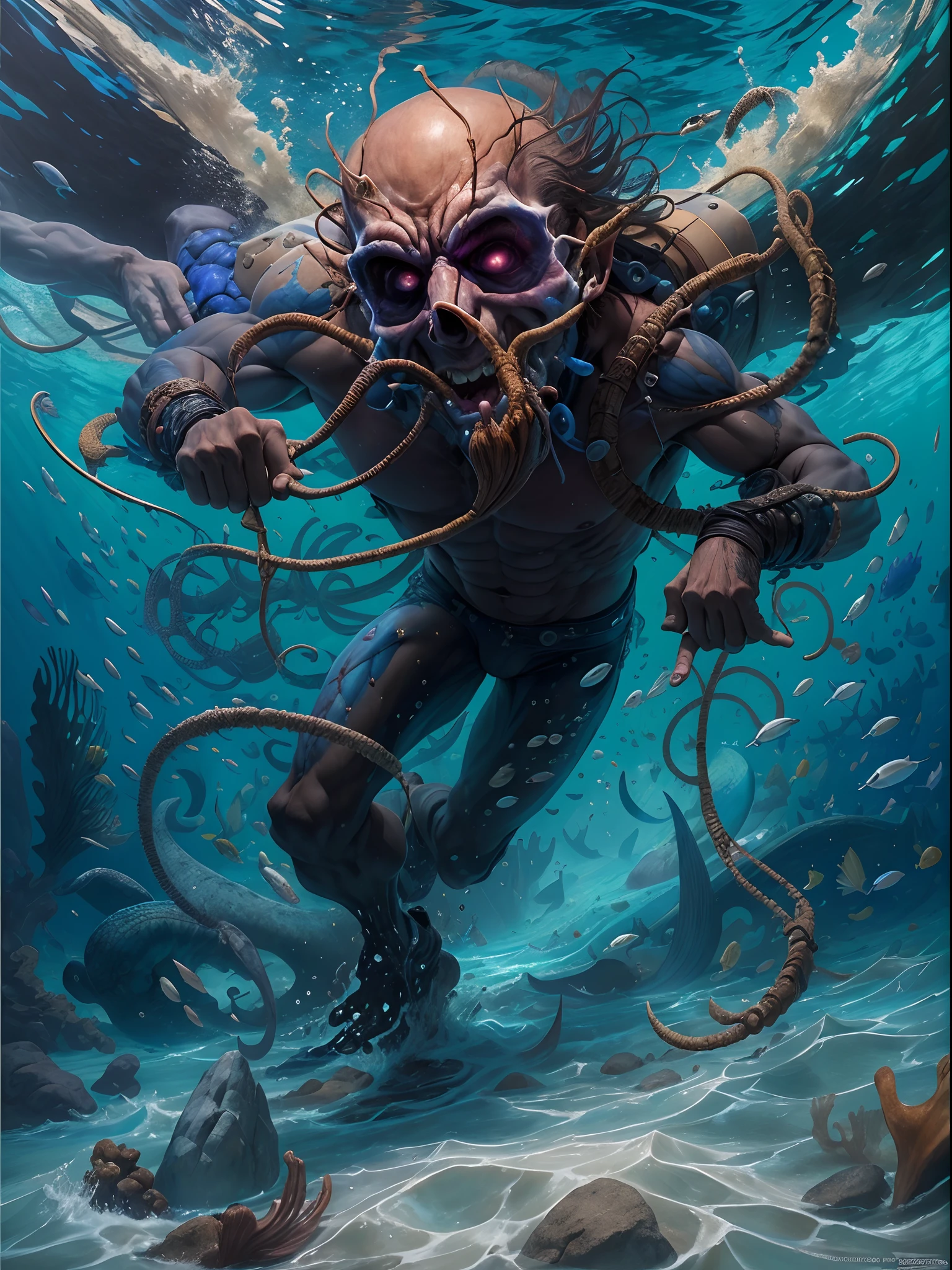 Realismo,(Obra maestra),mejor calidad,super definicion,8k,detalles intrincados,1 hombre encadenado en la profundidaes del oceano,intentando escapar,ahogandose,luchando con todas sus fuerzas,fondo azul oscuro,rodeado de peses y vida marina,hombre rudo con cicatrises por todo el cuerpo.