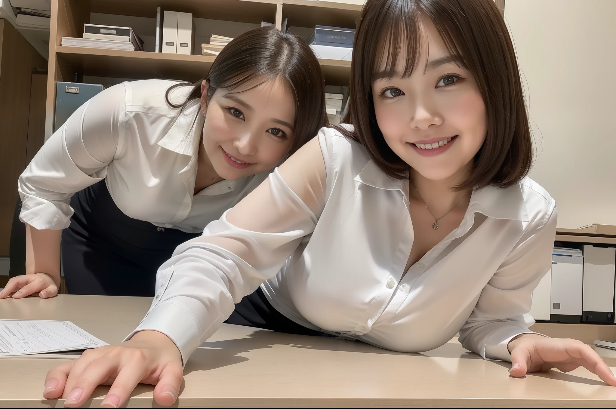 ((Highest quality)), ((masterpiece)), (detailed),２Two young, beautiful office ladies with short hair, big breasts and beautiful legs are hugging each other in the office, pressing their breasts together、