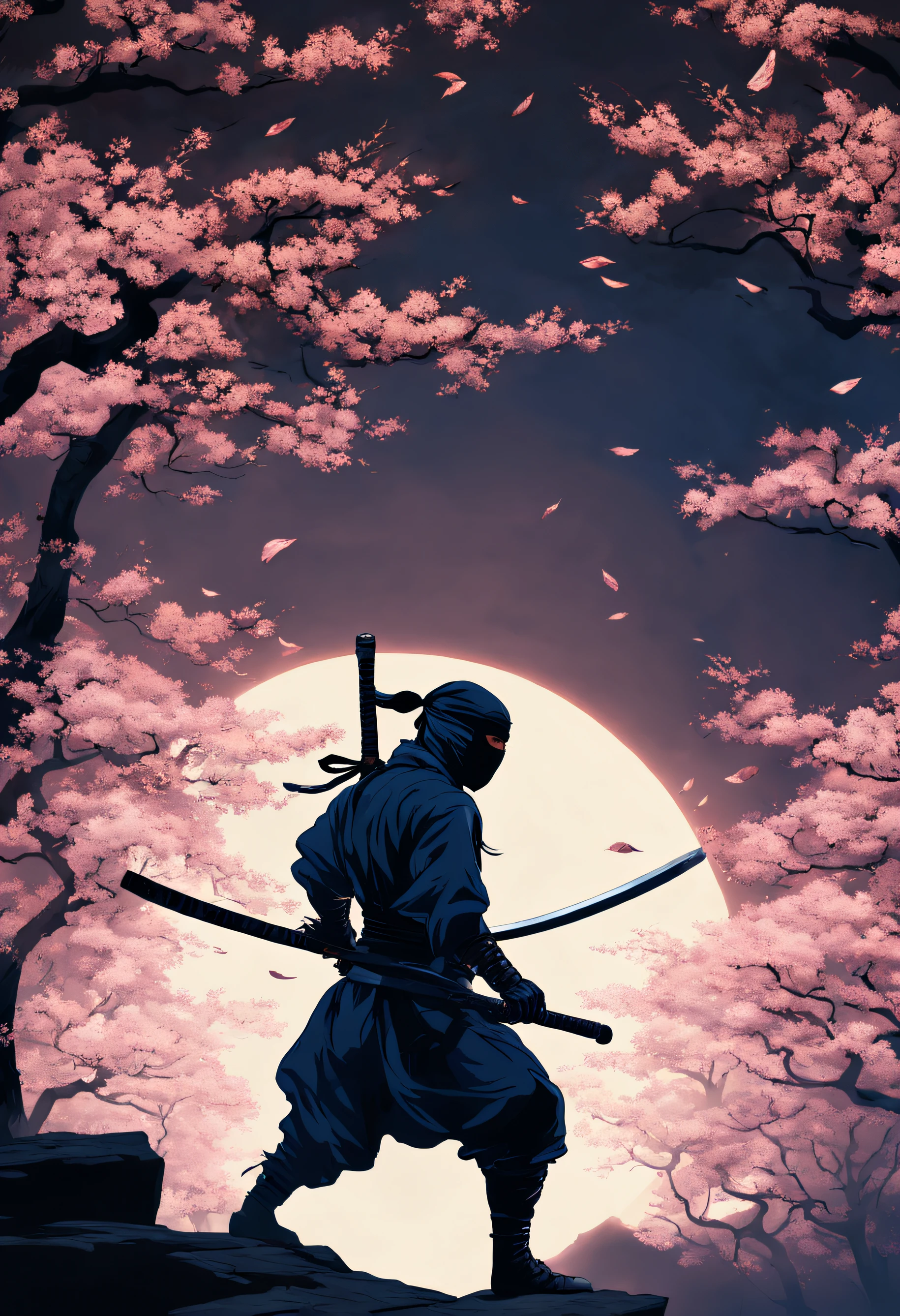 (best quality,4k,8k,highres,masterpiece:1.2),ultra-detailed,(realistic,photorealistic,photo-realistic:1.37),Japanese-style ninja warrior, illuminated by moonlight,silhouetted against a dark and mysterious background, performing a lightning-fast, acrobatic sword attack. The scene is set in ancient Japan, with cherry blossom trees in full bloom and mist gently swirling around. The ninja's eyes glow with intensity and determination as he wields his razor-sharp katana with precision and skill. The artwork is created using traditional ink brush strokes and incorporates elements of ukiyo-e, capturing both the grace and power of the warrior. The color palette is dominated by deep shades of blue and black, creating a dramatic and atmospheric mood. The lighting is low-key, with soft moonlight casting long shadows and highlighting the ninja's agile movements. The overall composition exudes a sense of danger, mystery, and elegance, paying homage to the legendary ninja, Ryu Hayabusa.