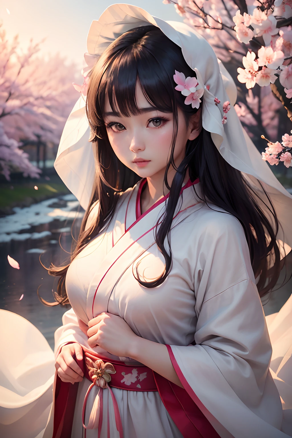 (A logo、masterpiece、8K、masutepiece、Raw photo、Fantastic、Best Quality、Photorealistic、extremely detailed CG unified 8k wallpaper、hightquality、ighly detailed、epic poem、Particle effect、Dynamic effects、depth of fields、Cinematic Light、Lens Flare、Ray tracing)、Fantasia、 (1 beautiful woman in a white coat、robe blanche、Japanese dress、A dark-haired、Beautiful face、Real Face、Beautiful detail eyes、Beautiful skin)、Hair flutters in the wind、Hair jumps、Pink cherry blossom tree、Petals flutter、Sakura blizzard、Superb view、morning glow、Sun in the background、the wind、Deities、tusk、myth、Vast Land、