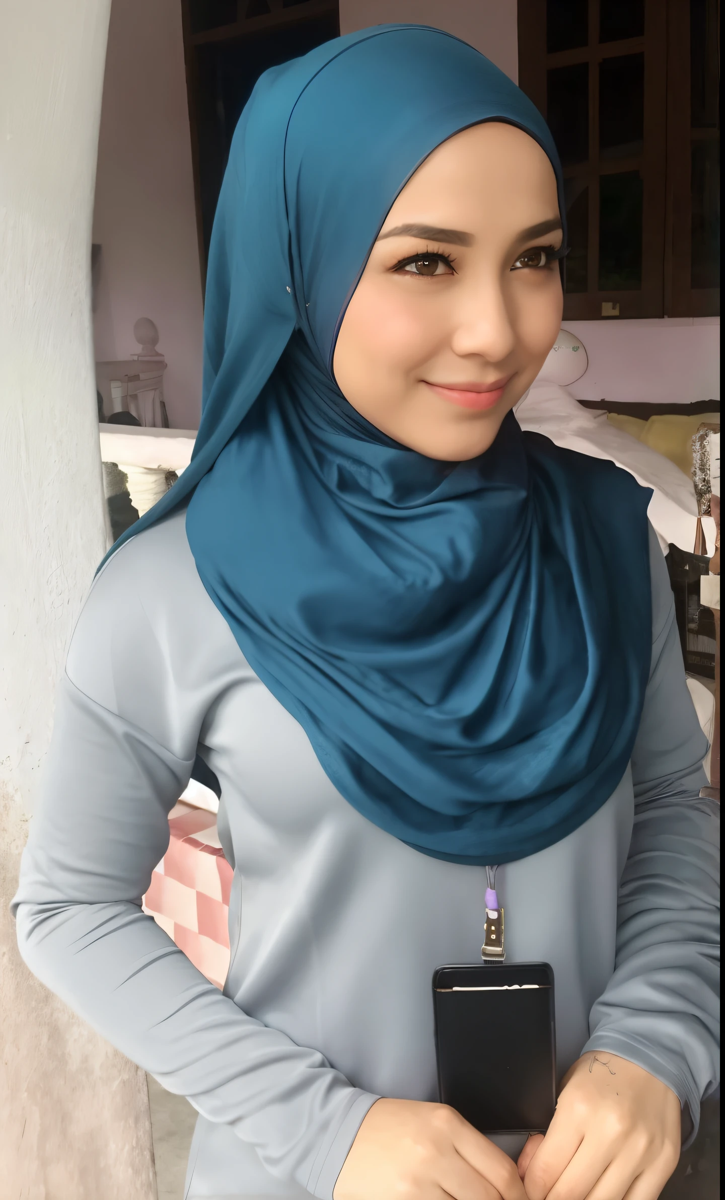 cute malay girl in white color hijab wearing big loose pastel blue T shirt with white jeans jeans, in hijab, realistic face, smile, happy, big shirt, long sleeve, dark skin, brown skin, big sleeve, mira filzah face, wet skin, petite body, small breast, 4k, photography, cinematic, ray lighting, ((mira filzah)), skinny body, petite, small , outside, small tits, flat chest, front view, facing viewer, oversive shirt,