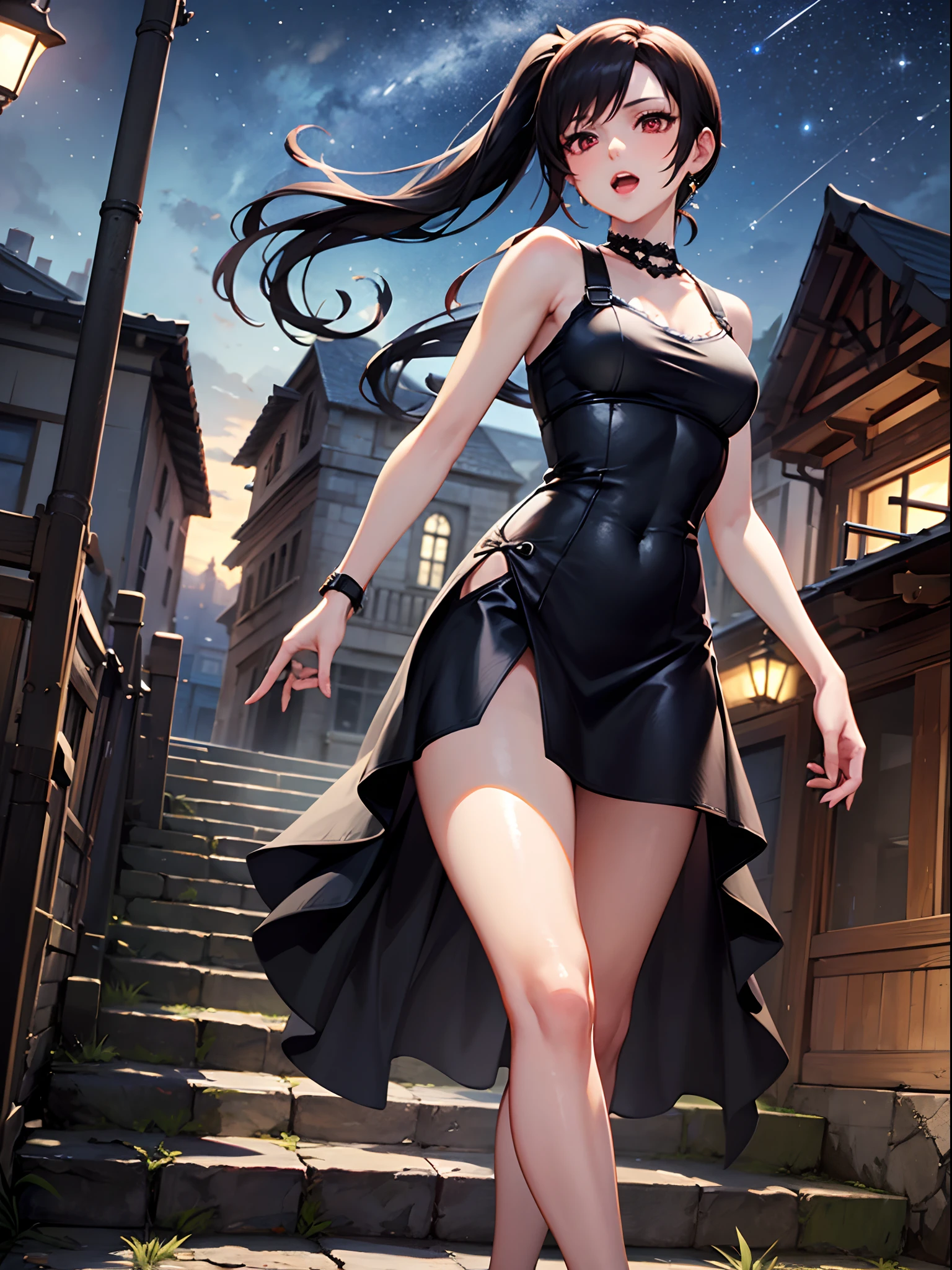 1_girl, tifa lockhart, mksks style, (very detailed background:1.0), (highly detailed background:1.0), final fantasy vii remake, (red eyes), 1girl, bare shoulders, aqua dress, black hair, green dress, sleeveless dress , sundress, house, long hair, night, night sky, open mouth, outdoors, ponytail, walking, sky, sleeveless, sleeveless dress, star (sky), starry sky, town, aged down, small breasts, ((white frills)), (white dress),