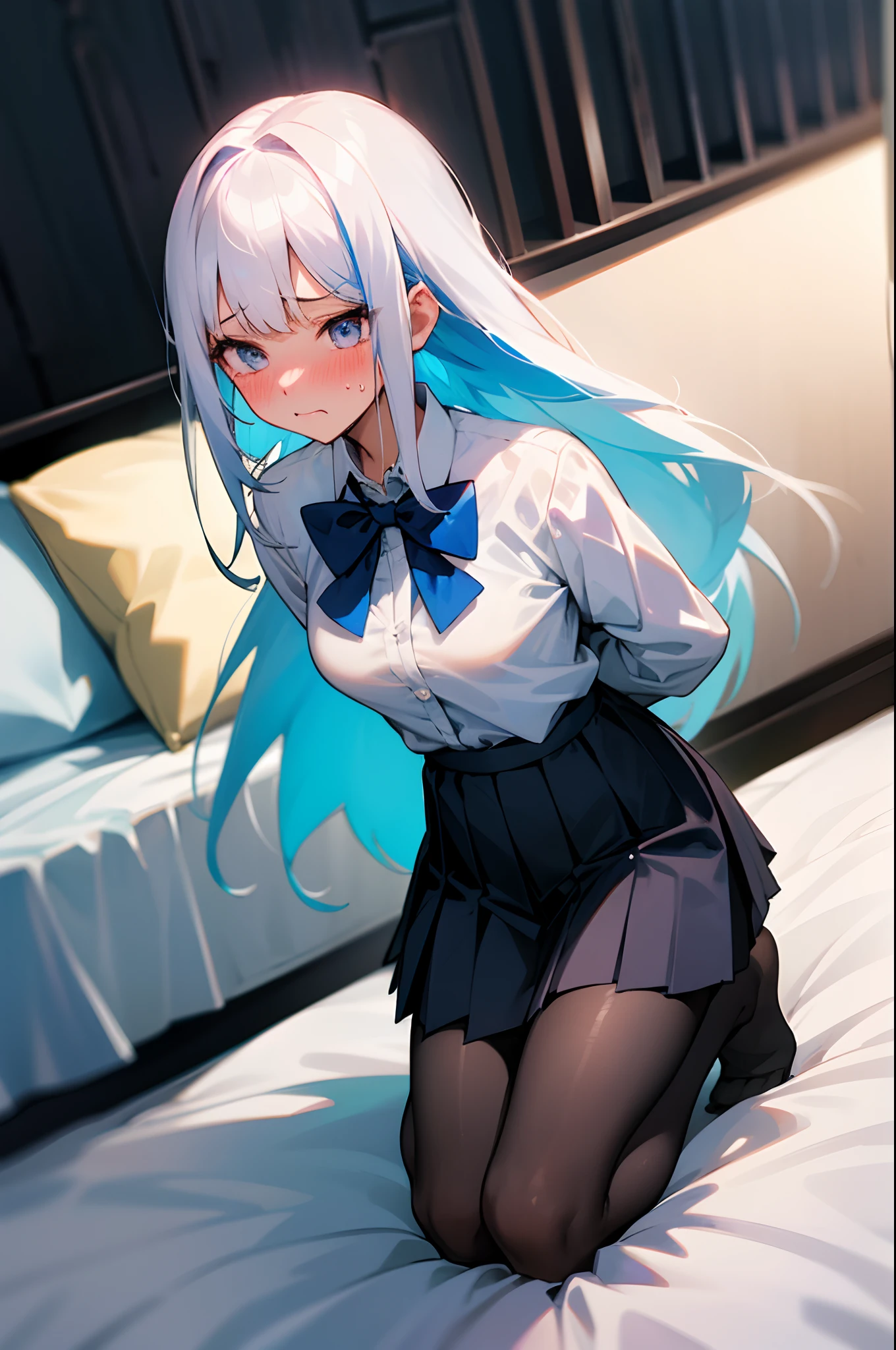 One girl long hair, white hair, blue inner hair, embarrassed, blushing, tears, bedroom, bed, kneeling pose, school uniform, white shirts, bow tie, pleated skirt, black skirt, thigh, waist, mid breasts, wet body, tape gag, arms behind back:1.2, bondage, bdsm, pantyhose