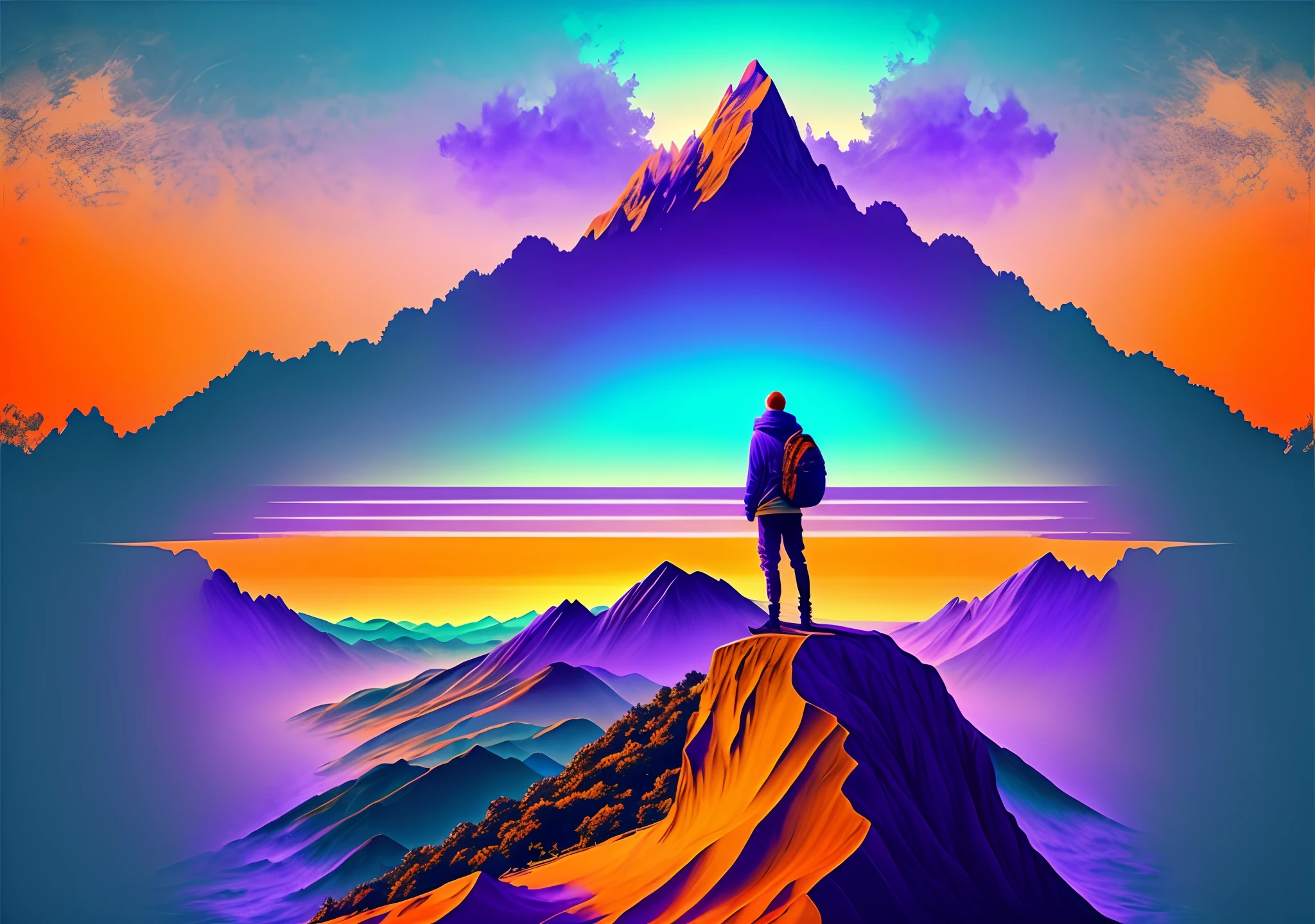 Imagem: A person standing on top of a mountain, Looking to the horizon with determination and hope. The sky is colored with vibrant shades of orange and purple, representando o despertar de um novo dia.