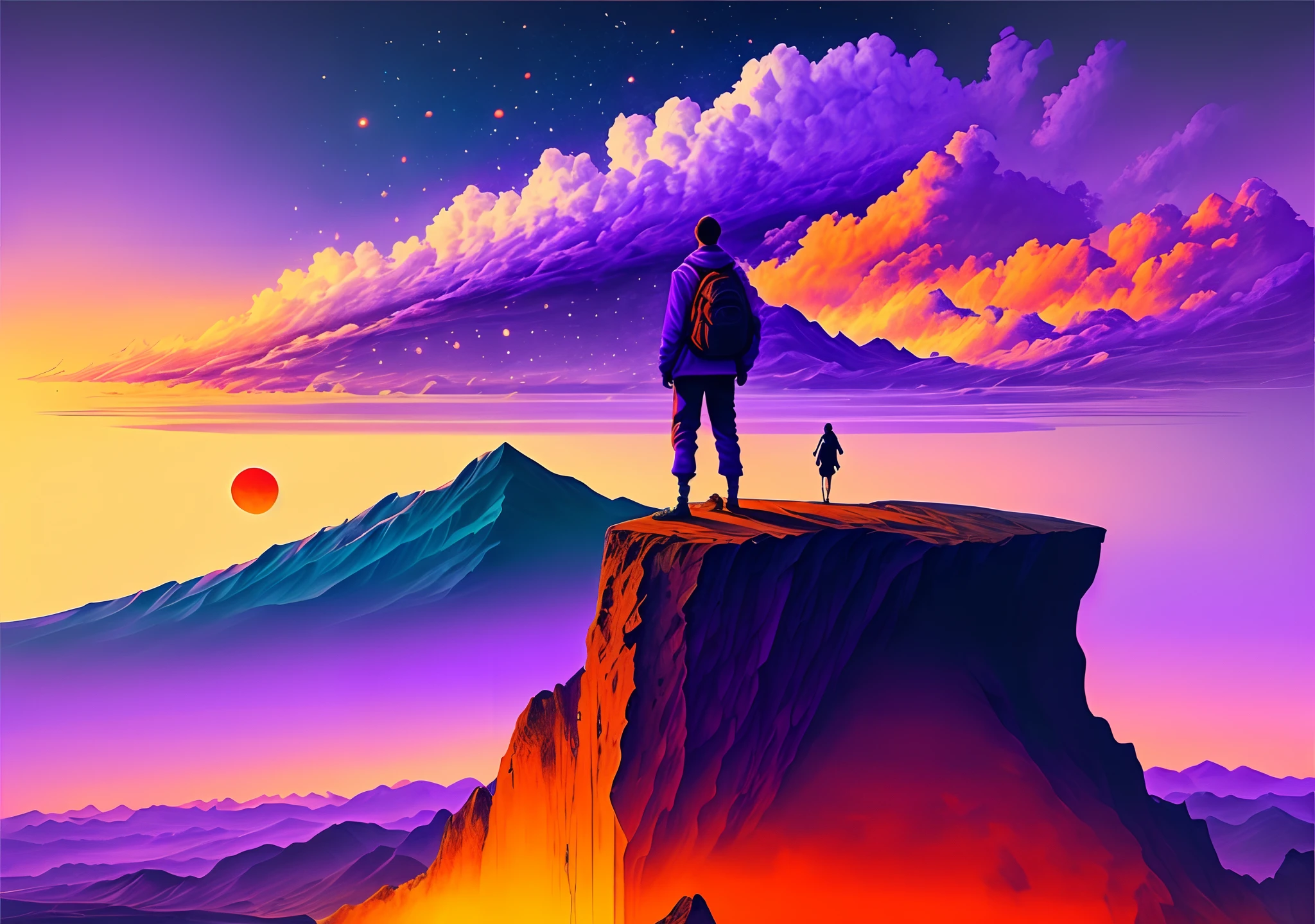 Imagem: A person standing on top of a mountain, Looking to the horizon with determination and hope. The sky is colored with vibrant shades of orange and purple, representando o despertar de um novo dia.