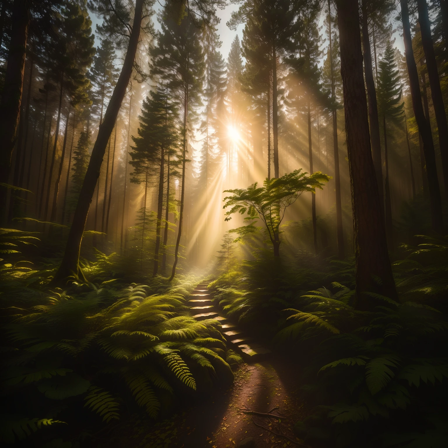 Sunlight shining through the trees in a forest with ferns, magical forest, Luz de raio florestal, magical forest backround, cinematic forest lighting, Fotografia capturada em uma floresta, magical forest background, magical atmosphere, Magic Forest, Luz da Floresta, magical clearing, magical forest in the background, Foto vencedora do concurso Unsplash, fotografia da floresta encantada, Luz matinal 8K HDR, Vencedor do Unsplash Photo Contest