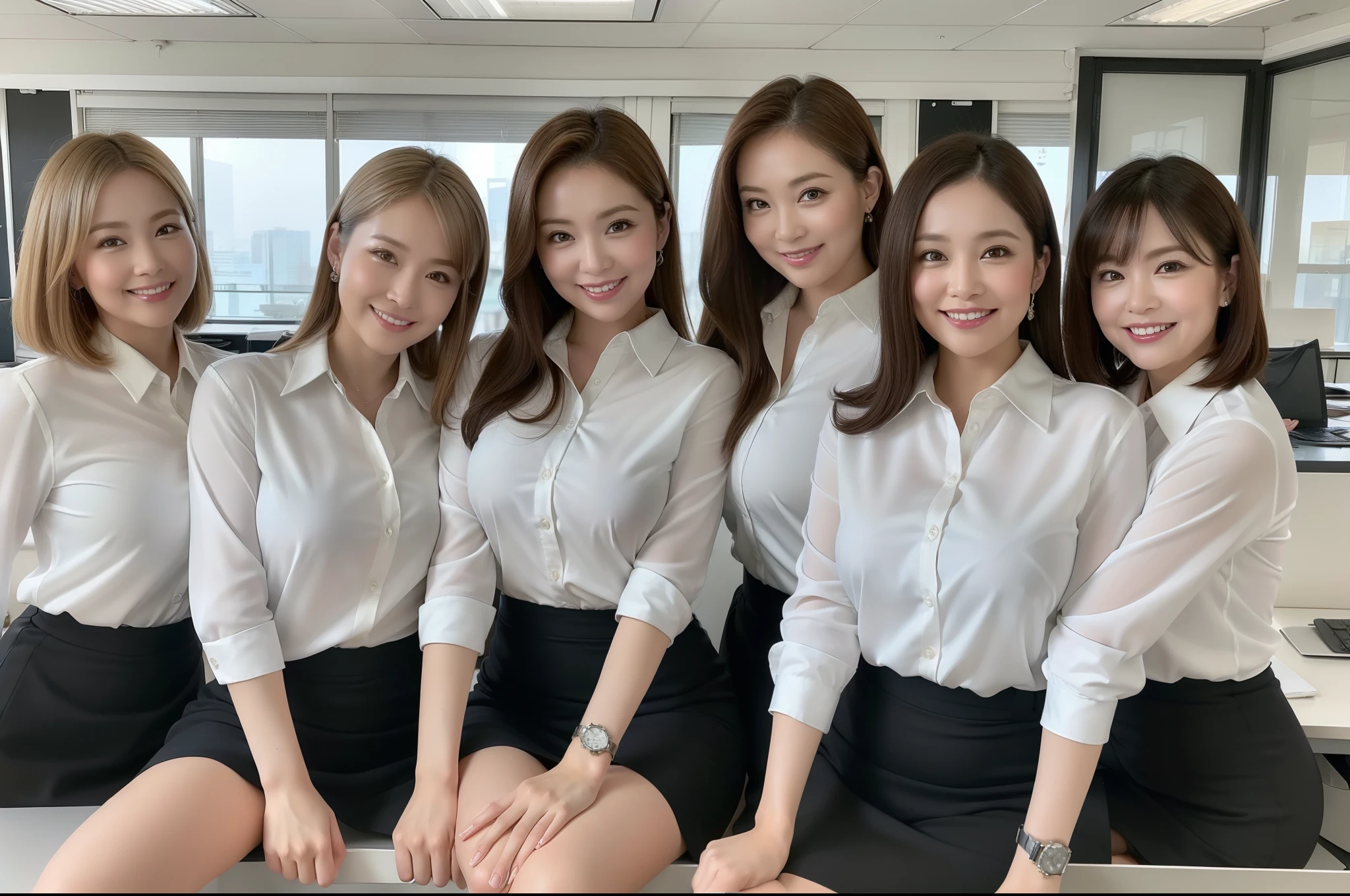 ((Best Quality, 8k, Masterpiecedetails, ultra-high resolution)), (group picture)(looking at the viewer), (full shot:), attractive business 5 milfs, 5 people, a bit chubby:0.25, white collared shirt, grey skirt, (sitting with cross legs on office desks)), smile, office of CEO,
