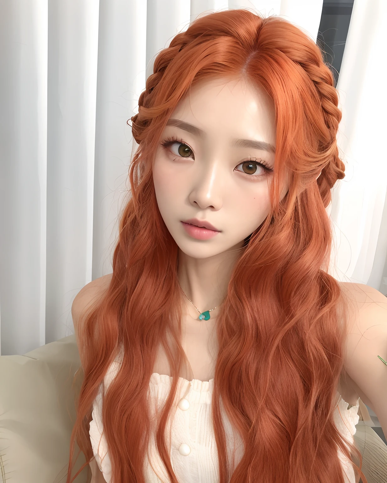 um close up de uma mulher com longos cabelos ruivos e um vestido branco, longos cabelos ondulados laranja, ela tem cabelos longos e redorange, gengibre cabelo ondulado, maquiagem sul-coreana popular, Ulzzang, cabelos cacheados cor de cobre, maquiagem coreana popular, cabelos longos e ondulados vermelhos, cabelos vermelhos ondulados muito longos, Ela tem longos cabelos castanhos alaranjados, long braided orange red hair