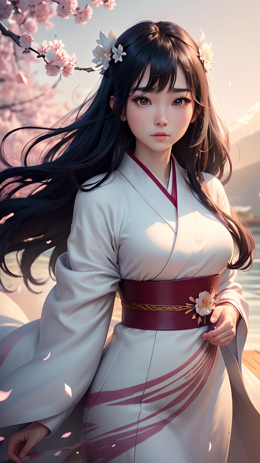 (A logo、​masterpiece、8K、masutepiece、Raw photo、Fantastic、Best Quality、Photorealistic、extremely detailed CG unified 8k wallpaper、hightquality、ighly detailed、epic poem、Particle effect、Dynamic effects、depth of fields、Cinematic Light、Lens Flare、Ray tracing)、Fantasia、 (1 beautiful woman in a white coat、robe blanche、Japanese dress、A dark-haired、Beautiful face、Real Face、Beautiful detail eyes、Beautiful skin)、Hair flutters in the wind、Hair jumps、Pink cherry blossom tree、Petals flutter、Sakura blizzard、Superb view、morning glow、Sun in the background、the wind、Deities、tusk、myth、Vast Land、