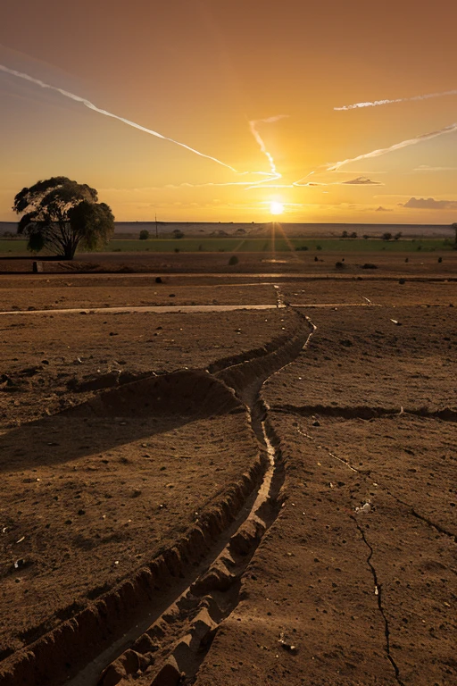 A scene of the sky of the northeast of Brazil, with a scorching sun with a more orange color, the soil cracked by drought and the ceca being half sky and half soil, with few cows in the background and thin