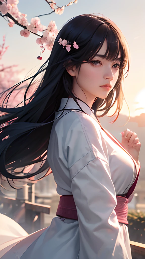 (A logo、masterpiece、8K、masutepiece、Raw photo、Fantastic、Best Quality、Photorealistic、extremely detailed CG unified 8k wallpaper、hightquality、ighly detailed、epic poem、Particle effect、Dynamic effects、depth of fields、Cinematic Light、Lens Flare、Ray tracing)、Fantasia、 (1 beautiful woman in a white coat、robe blanche、Japanese dress、A dark-haired、Beautiful face、Real Face、Beautiful detail eyes、Beautiful skin)、Hair flutters in the wind、Hair jumps、Pink cherry blossom tree、Petals flutter、Sakura blizzard、Superb view、morning glow、Sun in the background、the wind、Deities、tusk、myth、Vast Land、
