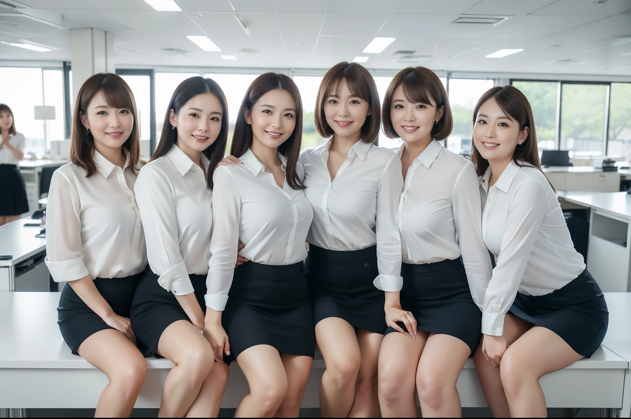 ((Best Quality, 8k, Masterpiecedetails, ultra-high resolution)), (group picture)(looking at the viewer), (full shot:), attractive business 5 milfs, 5 people, a bit chubby:0.25, white collared shirt, grey skirt, (sitting with cross legs on office desks)), smile, office of CEO,