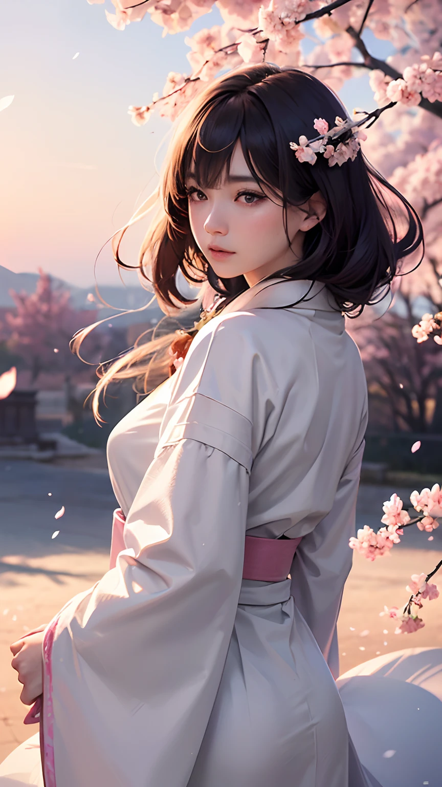 (A logo、​masterpiece、8K、masutepiece、Raw photo、Fantastic、Best Quality、Photorealistic、extremely detailed CG unified 8k wallpaper、hightquality、ighly detailed、epic poem、Particle effect、Dynamic effects、depth of fields、Cinematic Light、Lens Flare、Ray tracing)、Fantasia、 (1 beautiful woman in a white coat、robe blanche、Japanese dress、A dark-haired、Beautiful face、Real Face、Beautiful detail eyes、Beautiful skin)、Hair flutters in the wind、Hair jumps、Pink cherry blossom tree、Petals flutter、Sakura blizzard、Superb view、morning glow、Sun in the background、the wind、Deities、tusk、myth、Vast Land、