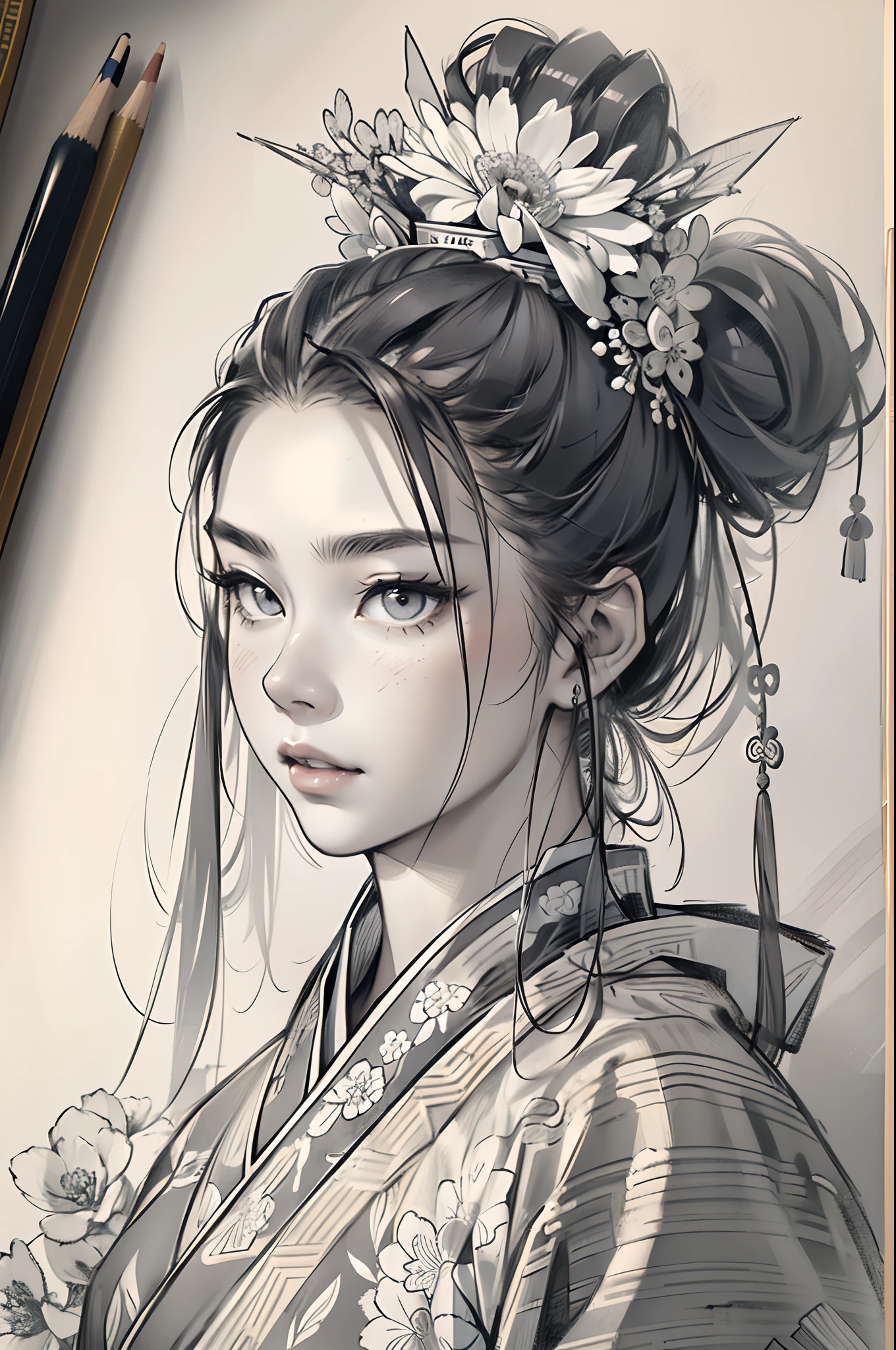sketching，pencil drawing，Ponytail girl，There are small broken flowers on the head，Chinese ancient style，Samurai clothes，Black and white picture，super-fine，Hair is carefully described，The eyes are carefully depicted，best qualtiy，8K分辨率