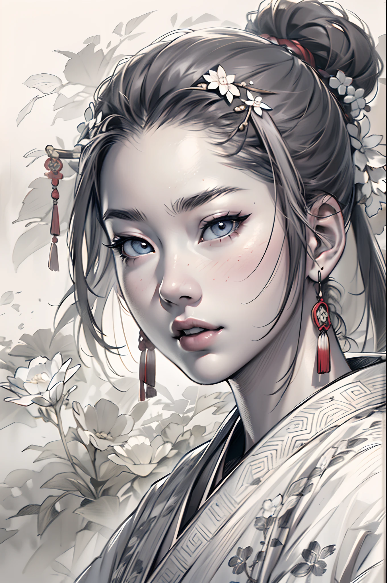 sketching，pencil drawing，Ponytail girl，There are small broken flowers on the head，Chinese ancient style，Samurai clothes，Black and white picture，super-fine，Hair is carefully described，The eyes are carefully depicted，best qualtiy，8K分辨率