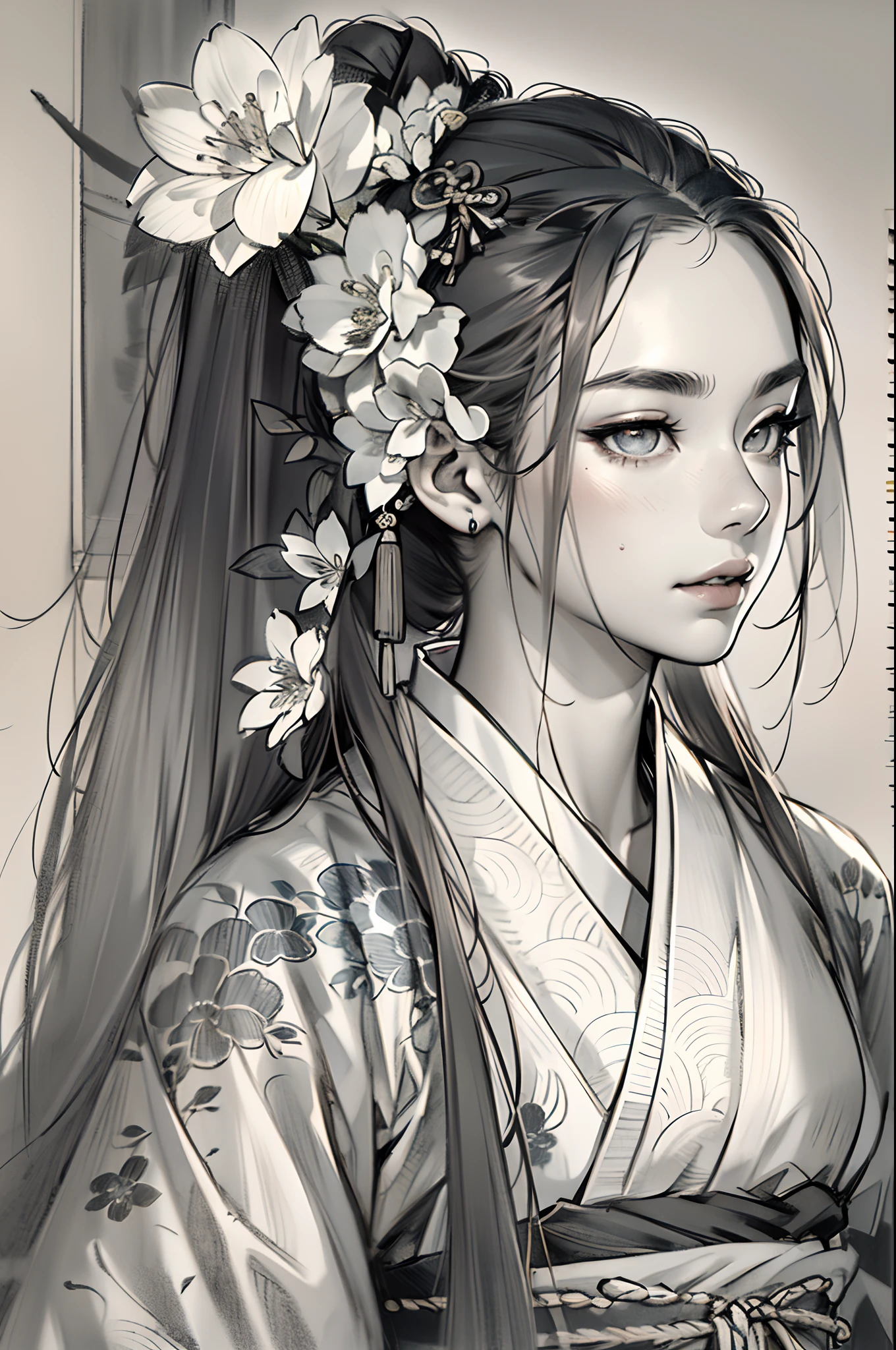 sketching,pencil drawing,Ponytail girl,There are small broken flowers on the head,Chinese ancient style,Samurai clothes,Black and white picture,super-fine,Hair is carefully described,The eyes are carefully depicted,best qualtiy,8K分辨率